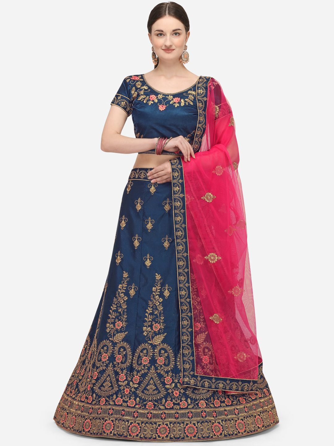 Netram Teal Blue & Pink Embroidered Semi-Stitched Lehenga & Unstitched Blouse with Dupatta Price in India