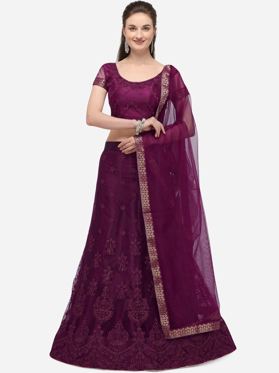 Netram Purple & Gold-Toned Embroidered Semi-Stitched Lehenga & Unstitched Blouse with Dupatta Price in India