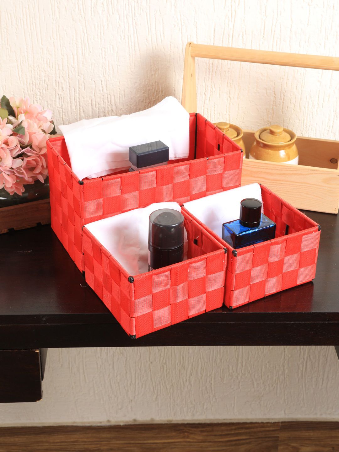 My Gift Booth Set Of 3 Orange Woven-Design Wire Basket Price in India