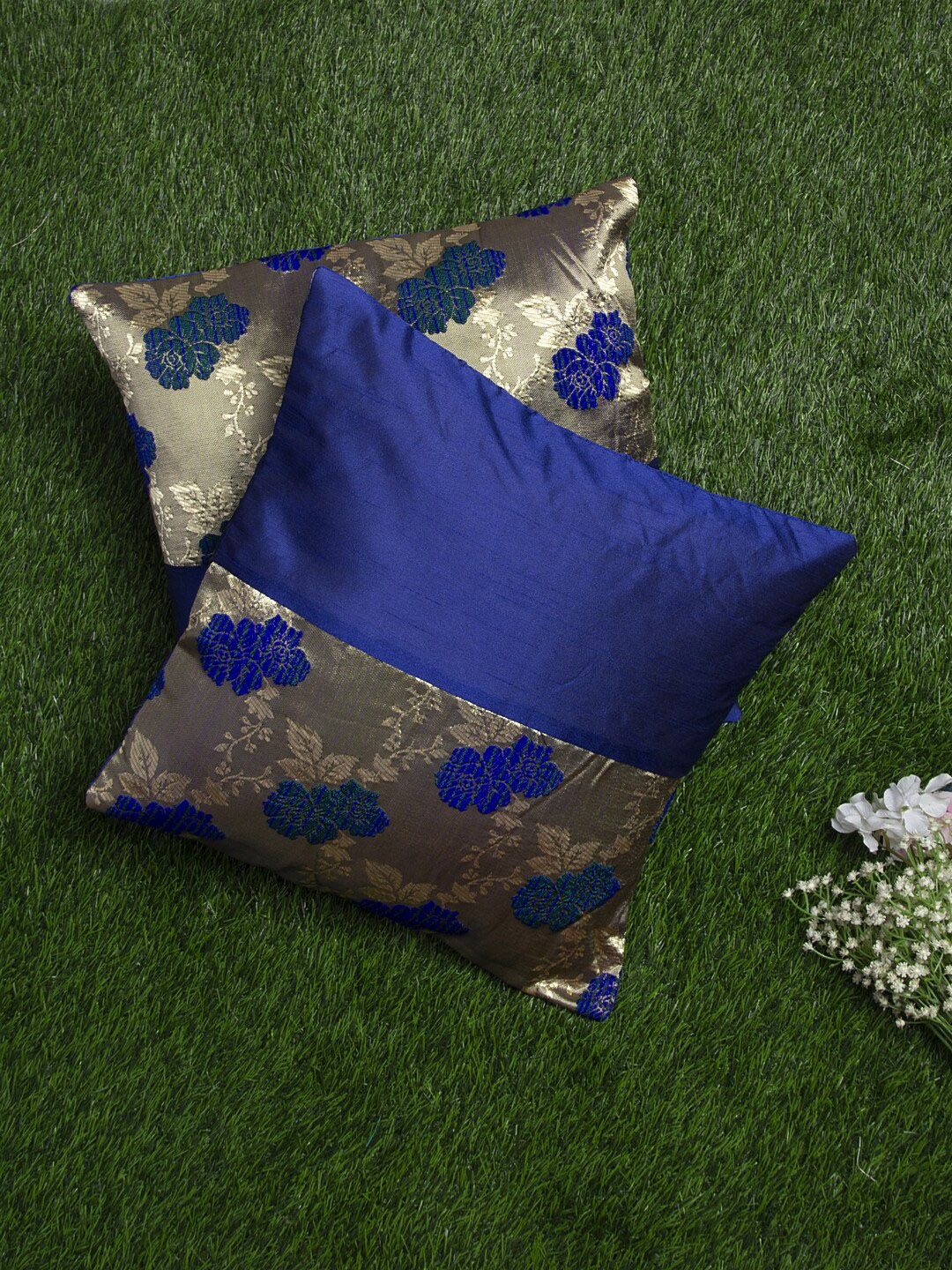 Alina decor Blue & Grey Set of 2 Floral Square Cushion Covers Price in India