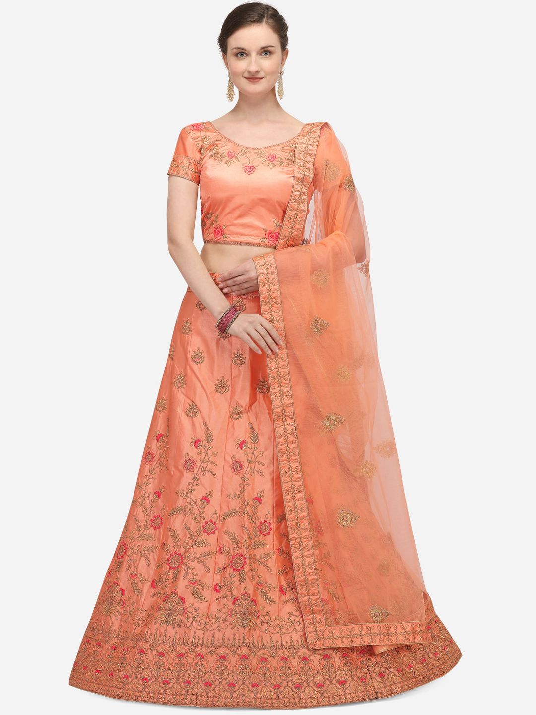 Netram Peach-Coloured & Gold-Toned Embroidered Semi-Stitched Lehenga & Unstitched Blouse with Dupatta Price in India