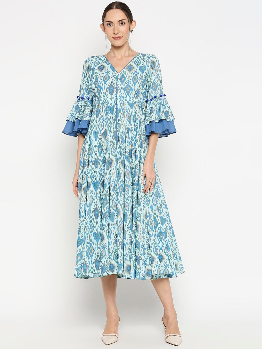 Monk & Mei Women White & Blue Printed Sustainable Fit and Flare Dress Price in India