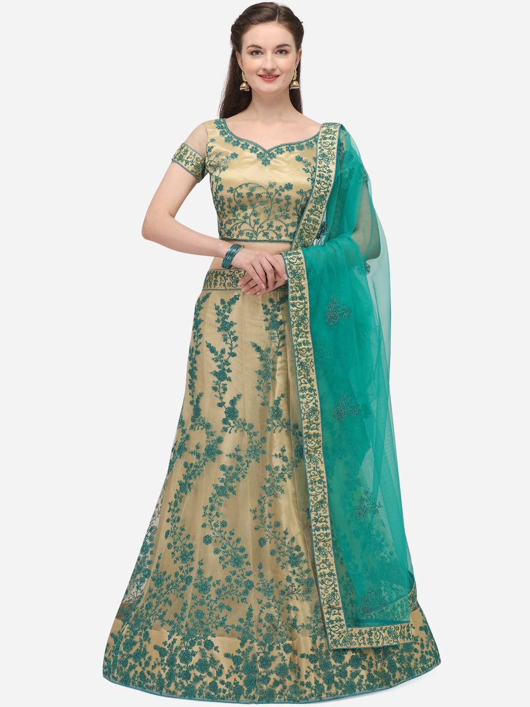 Netram Beige & Sea Green Embroidered Semi-Stitched Lehenga & Unstitched Blouse with Dupatta Price in India