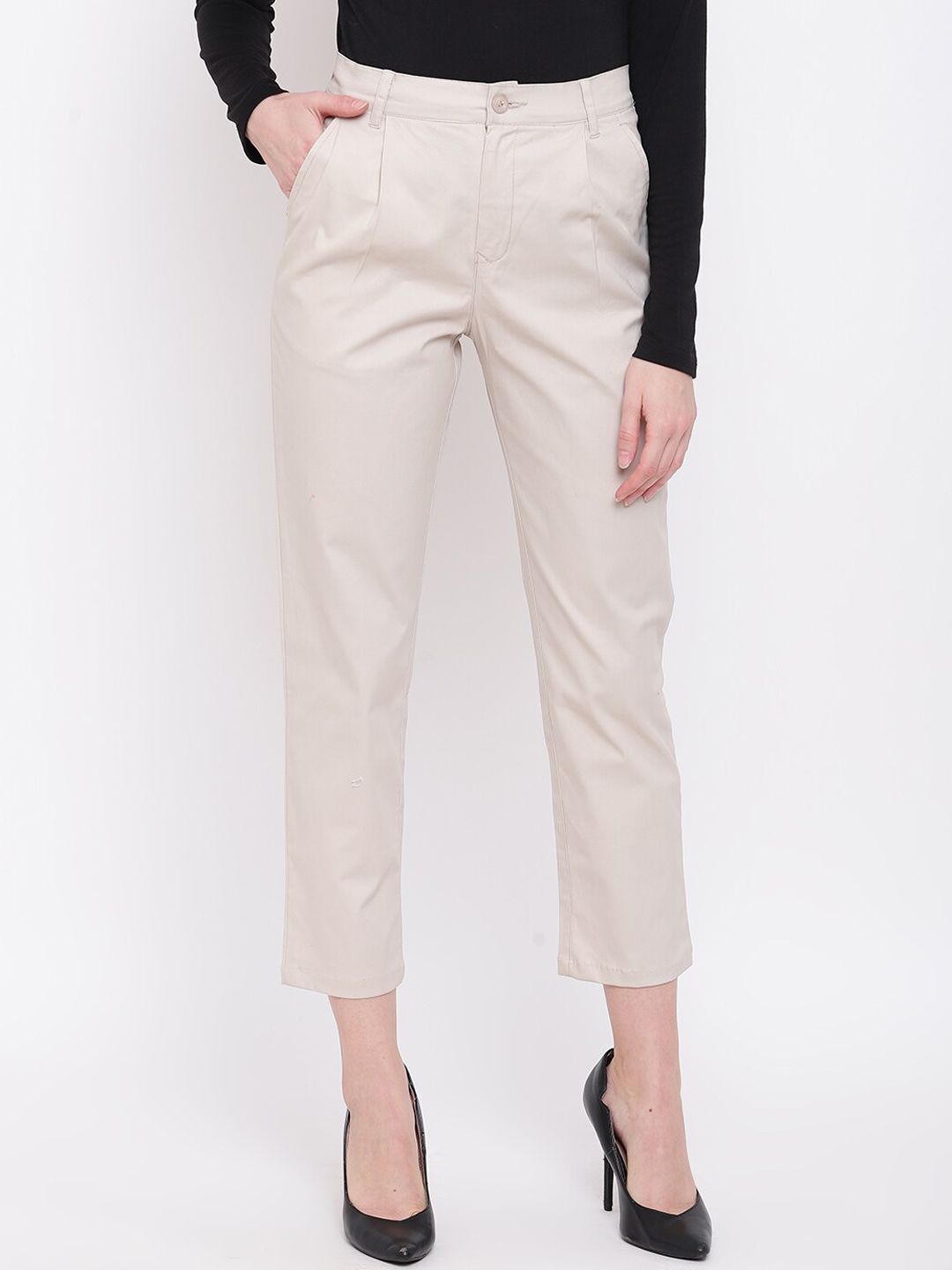 Mayra Women Cream-Coloured Skinny Fit Solid Peg Trousers Price in India