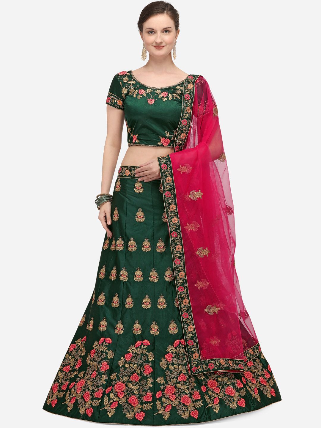 Netram Green & Pink Embroidered Semi-Stitched Lehenga & Unstitched Blouse with Dupatta Price in India