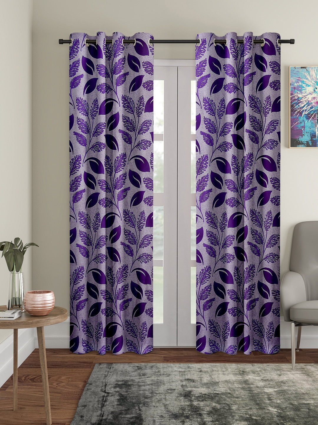 Cortina White & Purple Set of 2 Printed Curtains Price in India