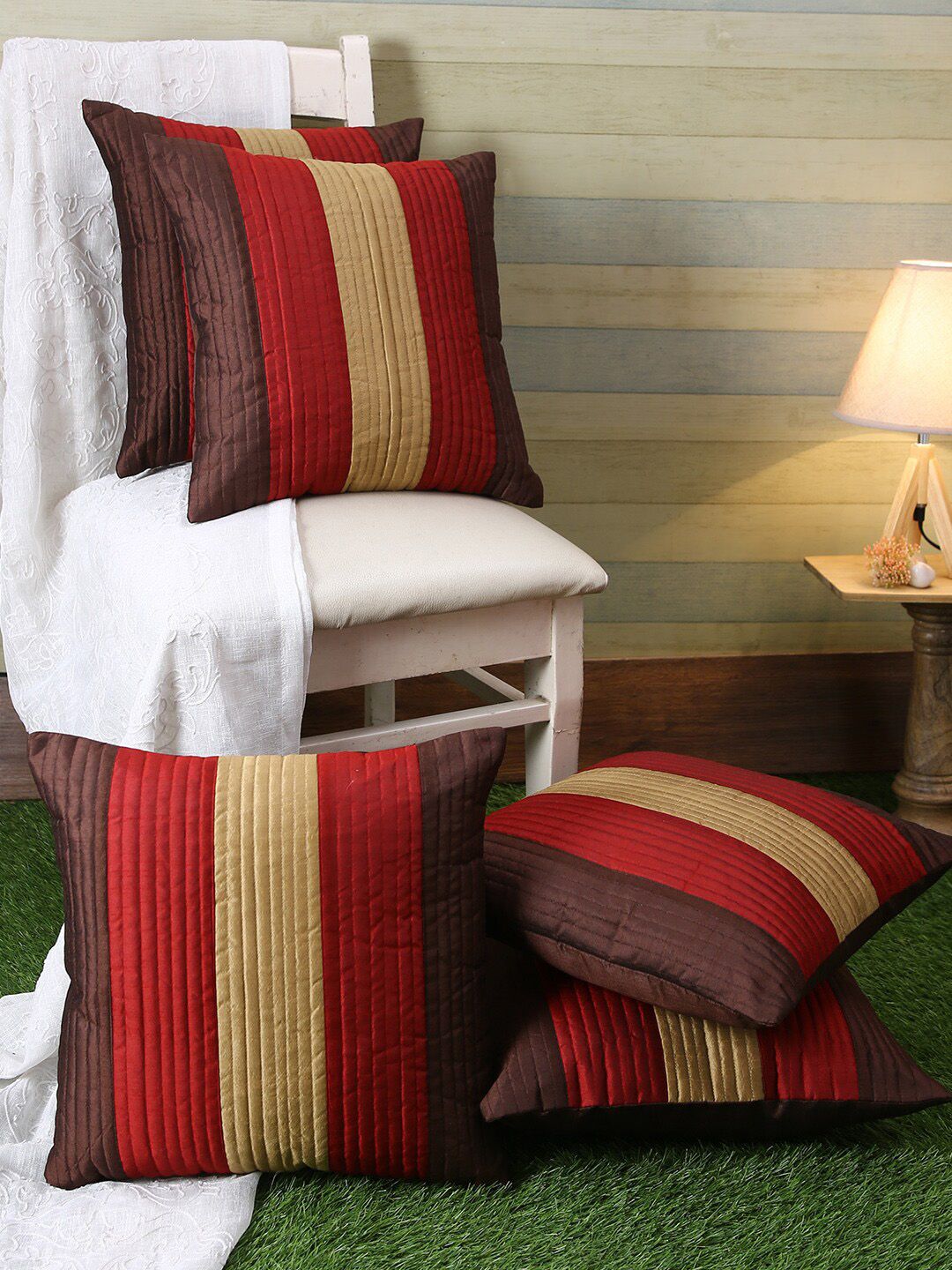 ROMEE Maroon & Beige Set of 5 Striped Square Cushion Covers Price in India