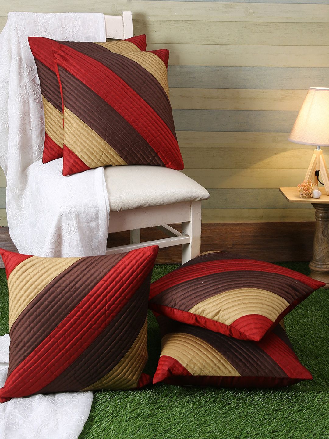 ROMEE Maroon & Brown Set of 5 Striped Square Cushion Covers Price in India