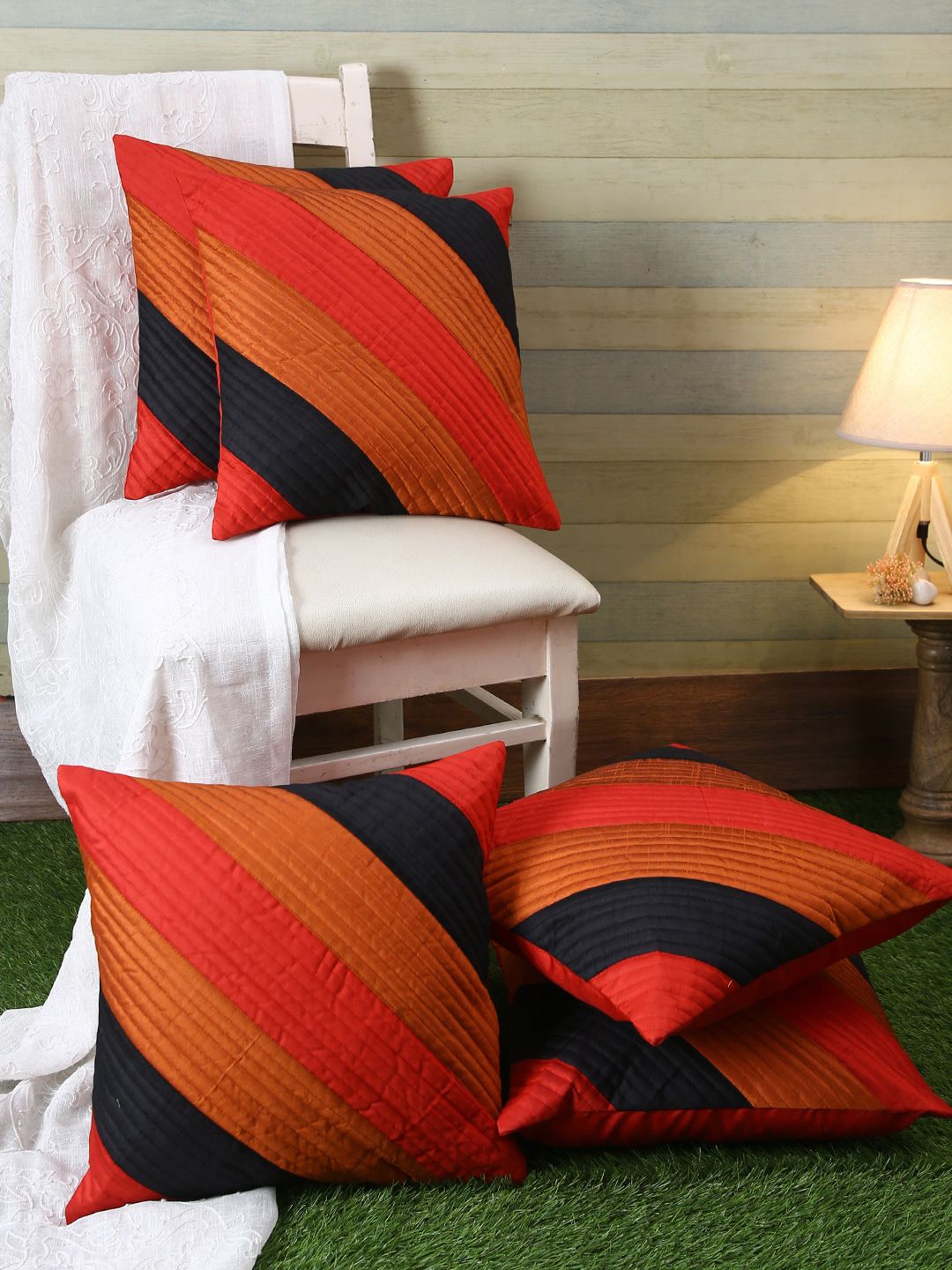 ROMEE Orange & Navy Blue Set of 5 Striped Square Cushion Covers Price in India