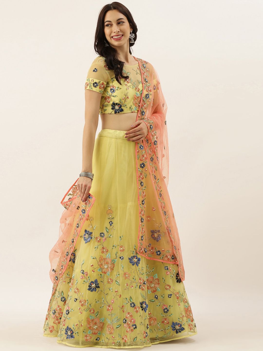 panchhi Yellow & Blue Embroidered Semi-Stitched Lehenga & Unstitched Blouse with Dupatta Price in India