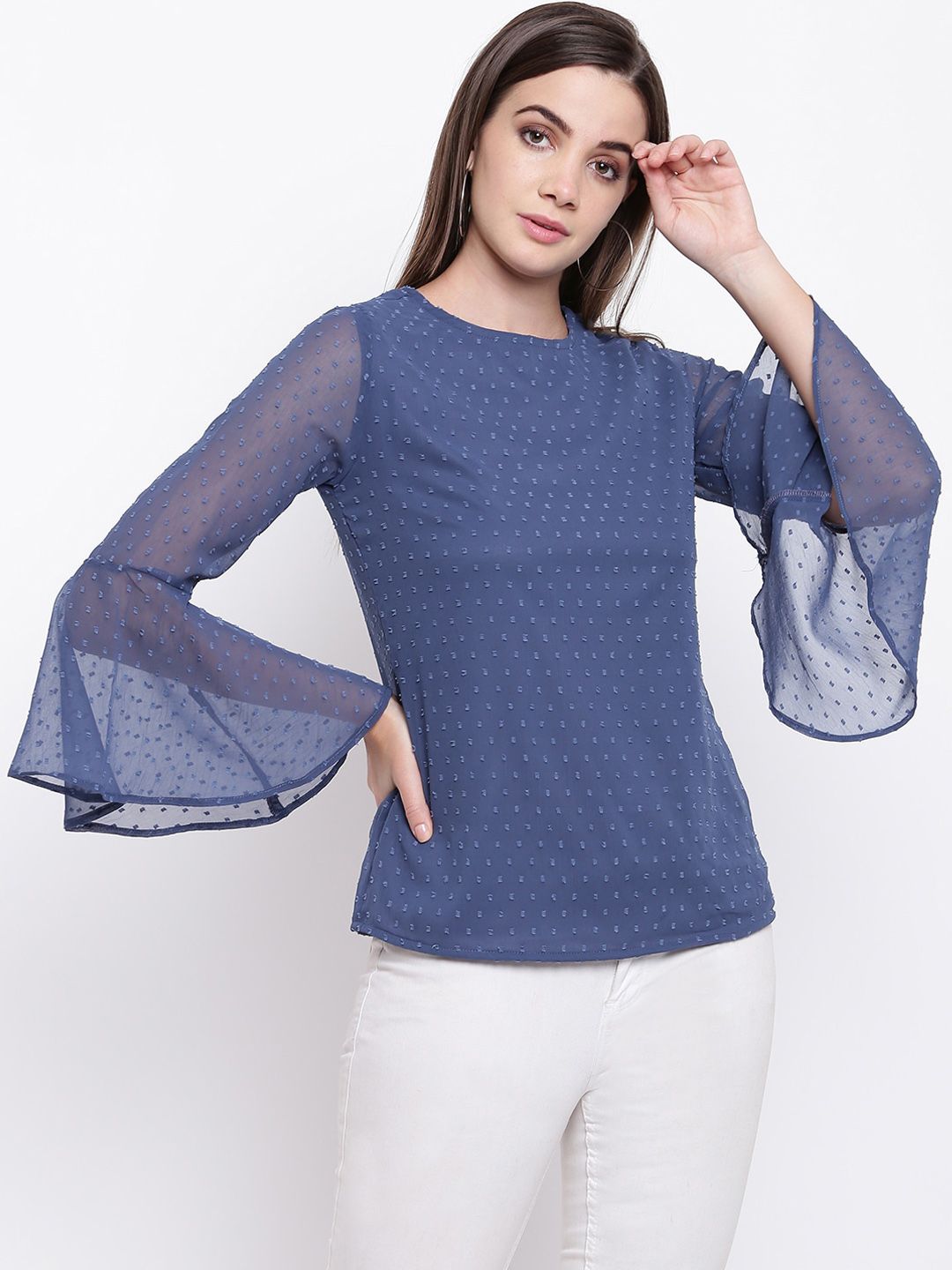 Rivi Blue Bell Sleeves Net Regular Top