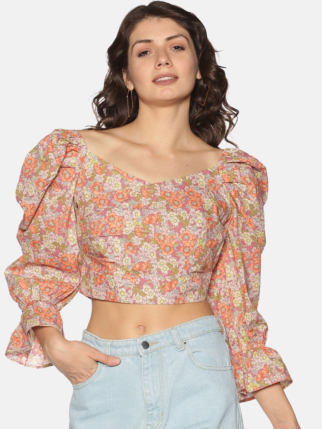 Isu Multicoloured Floral Printed Puff Sleeves Crop Top