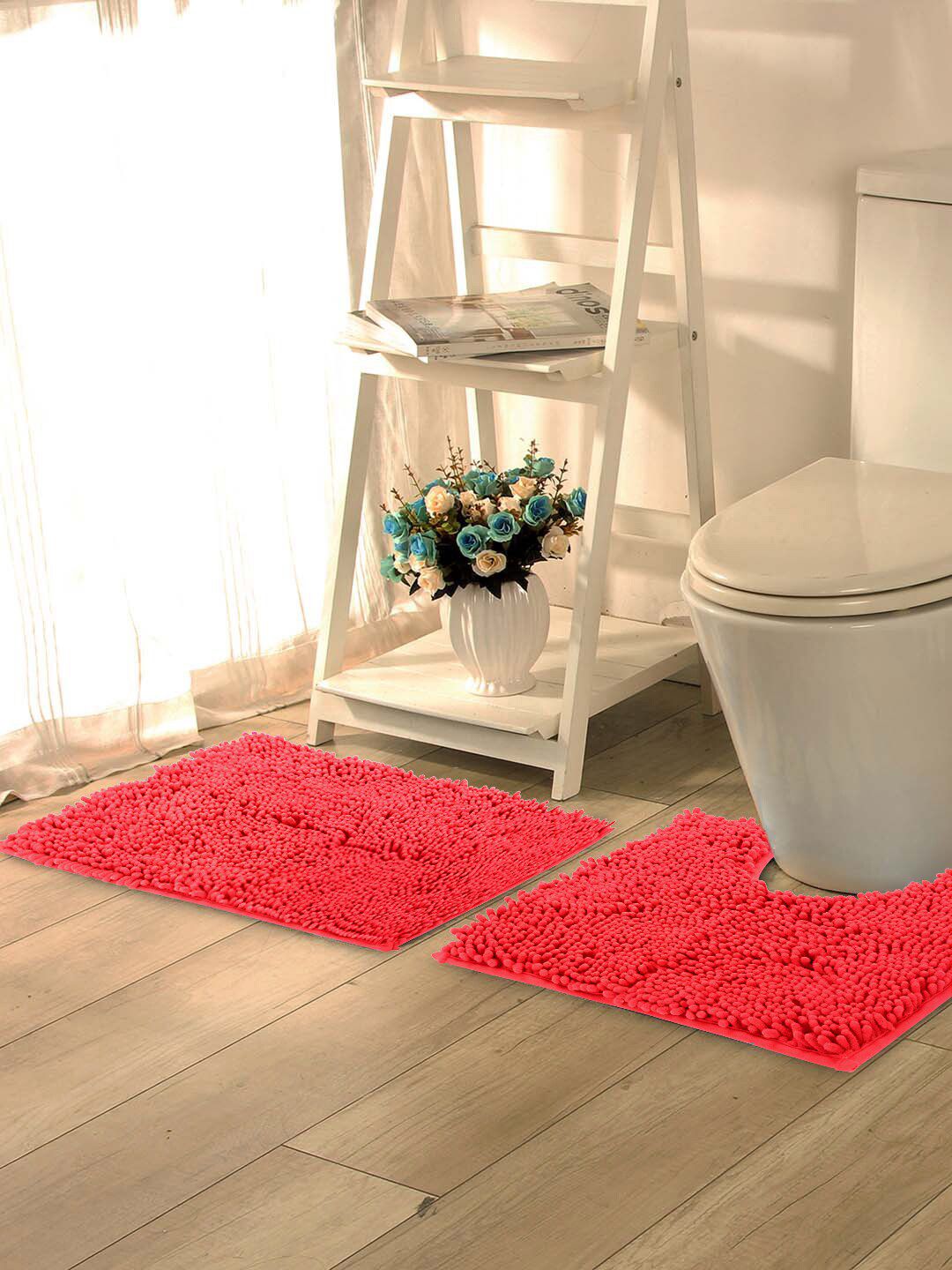 Lushomes Set Of 2 Red Solid Thick Fluffy Bath Rug Price in India