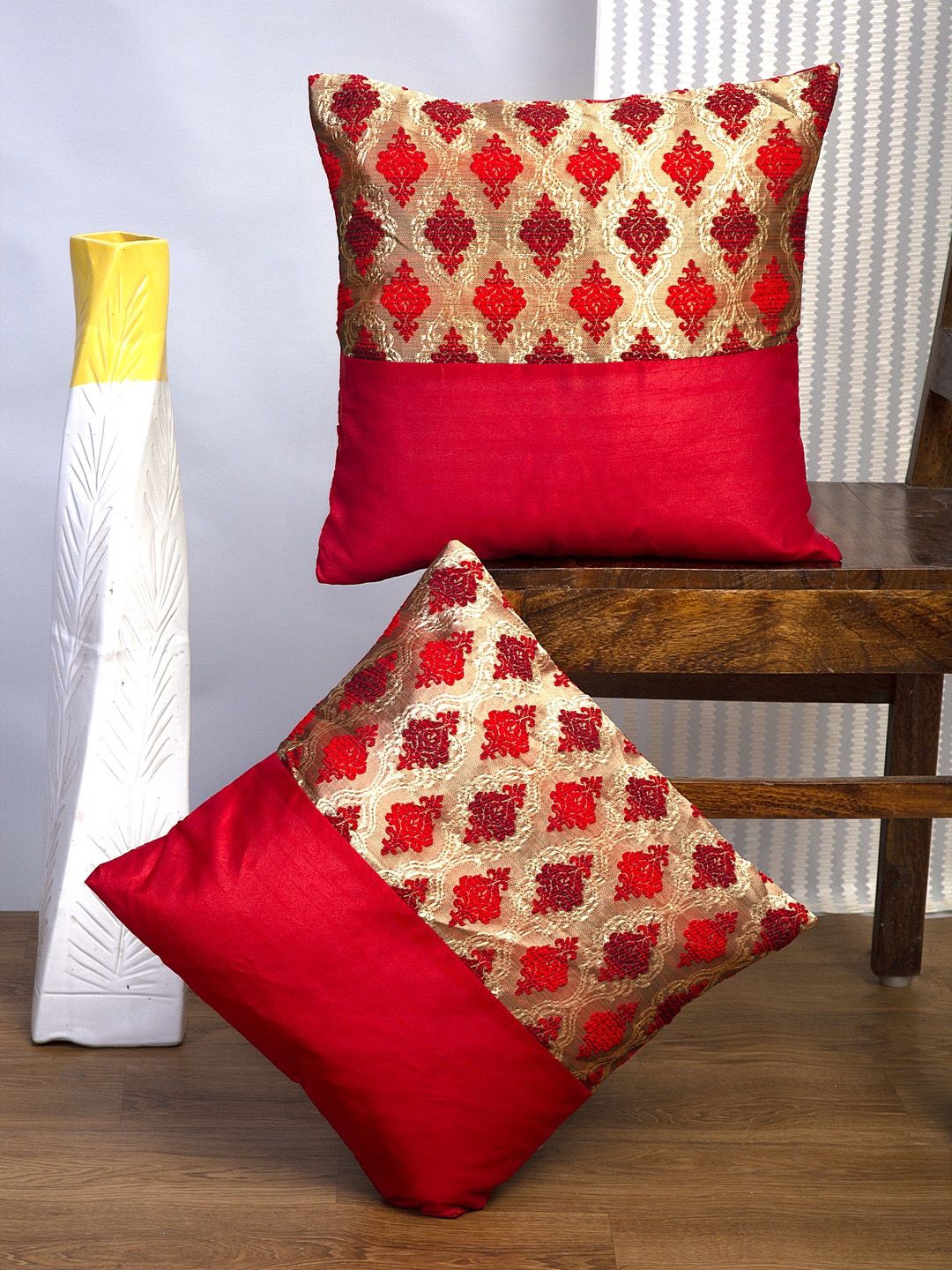 Alina decor Red & Beige Set of 2 Ethnic Motifs Square Cushion Covers Price in India