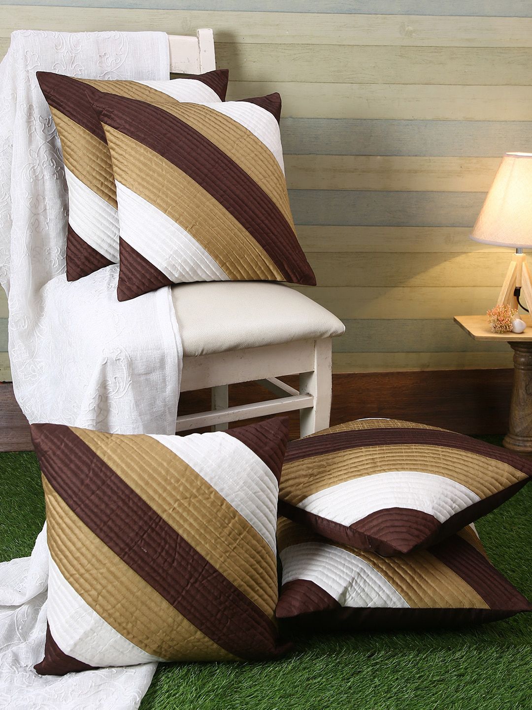 ROMEE Brown & White Set of 5 Striped Square Cushion Covers Price in India