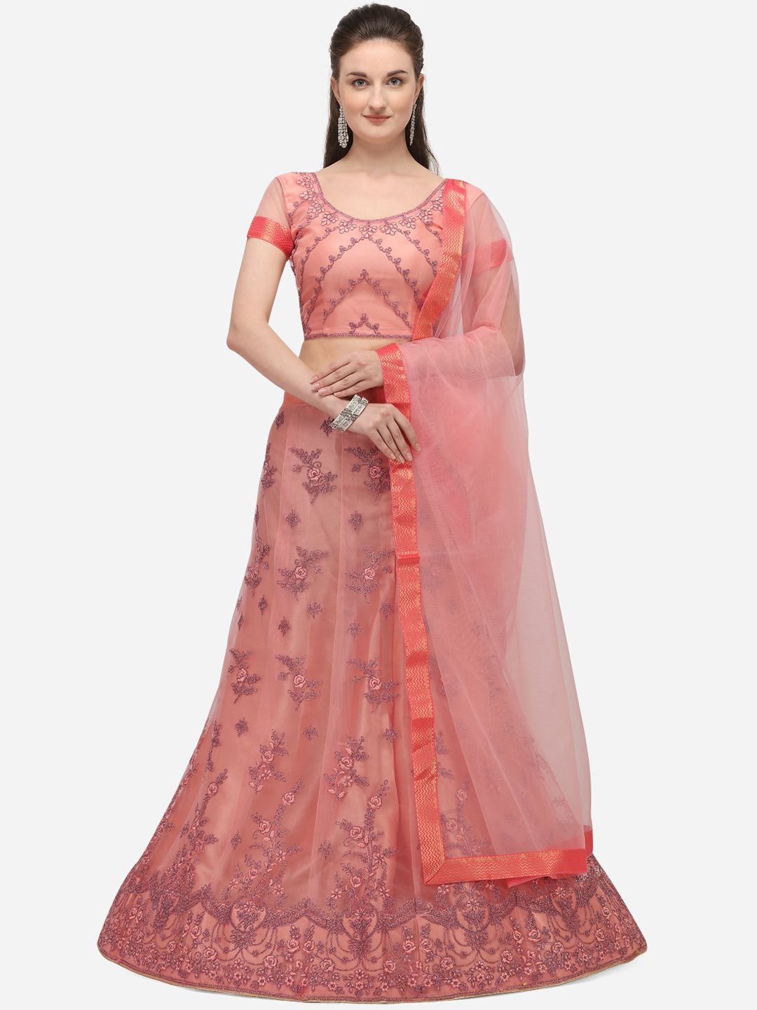 Netram Peach-Coloured Semi-Stitched Lehenga & Blouse with Dupatta Price in India