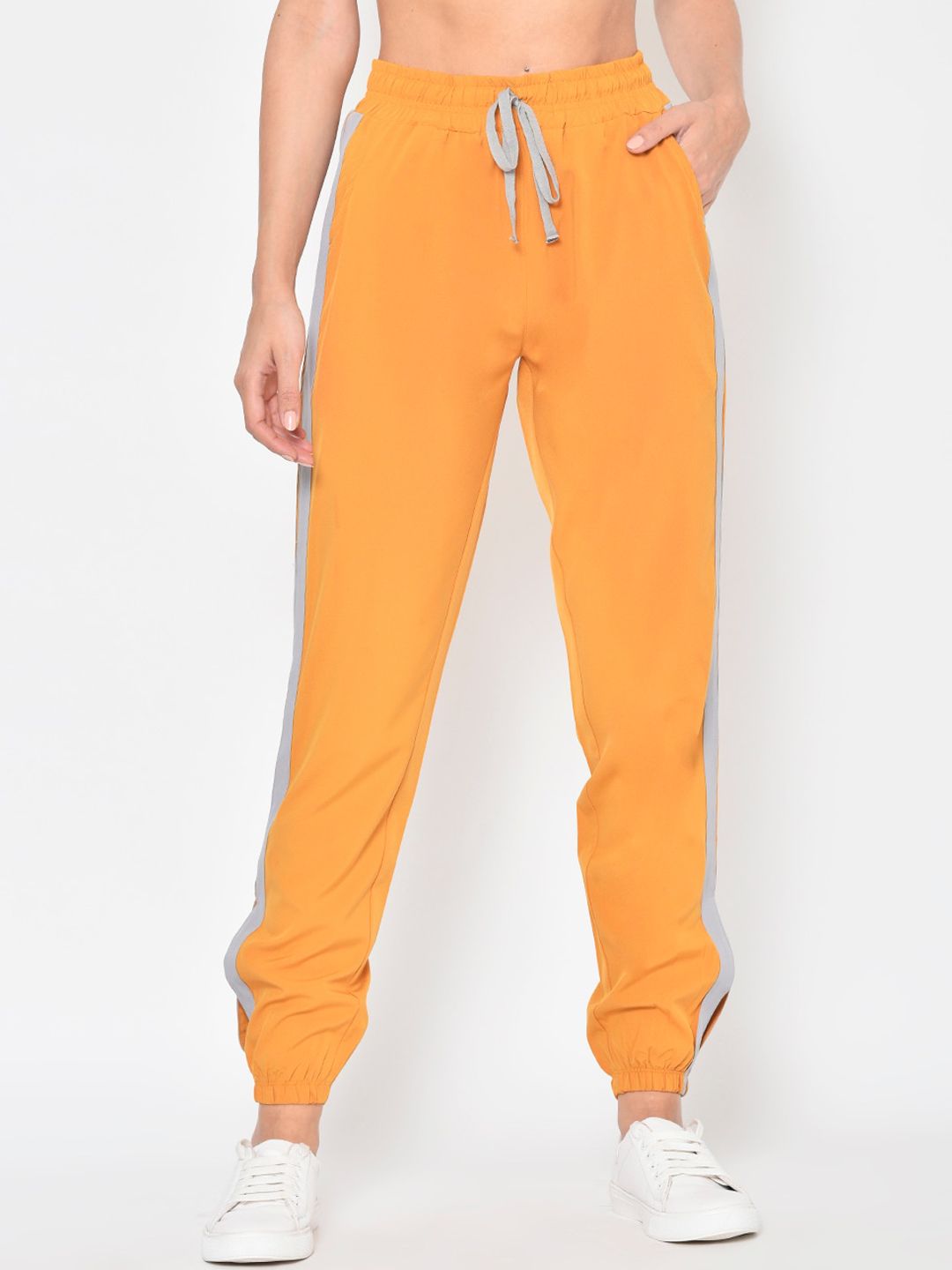 American-Elm Women Orange & Grey Solid Slim-Fit Joggers Price in India