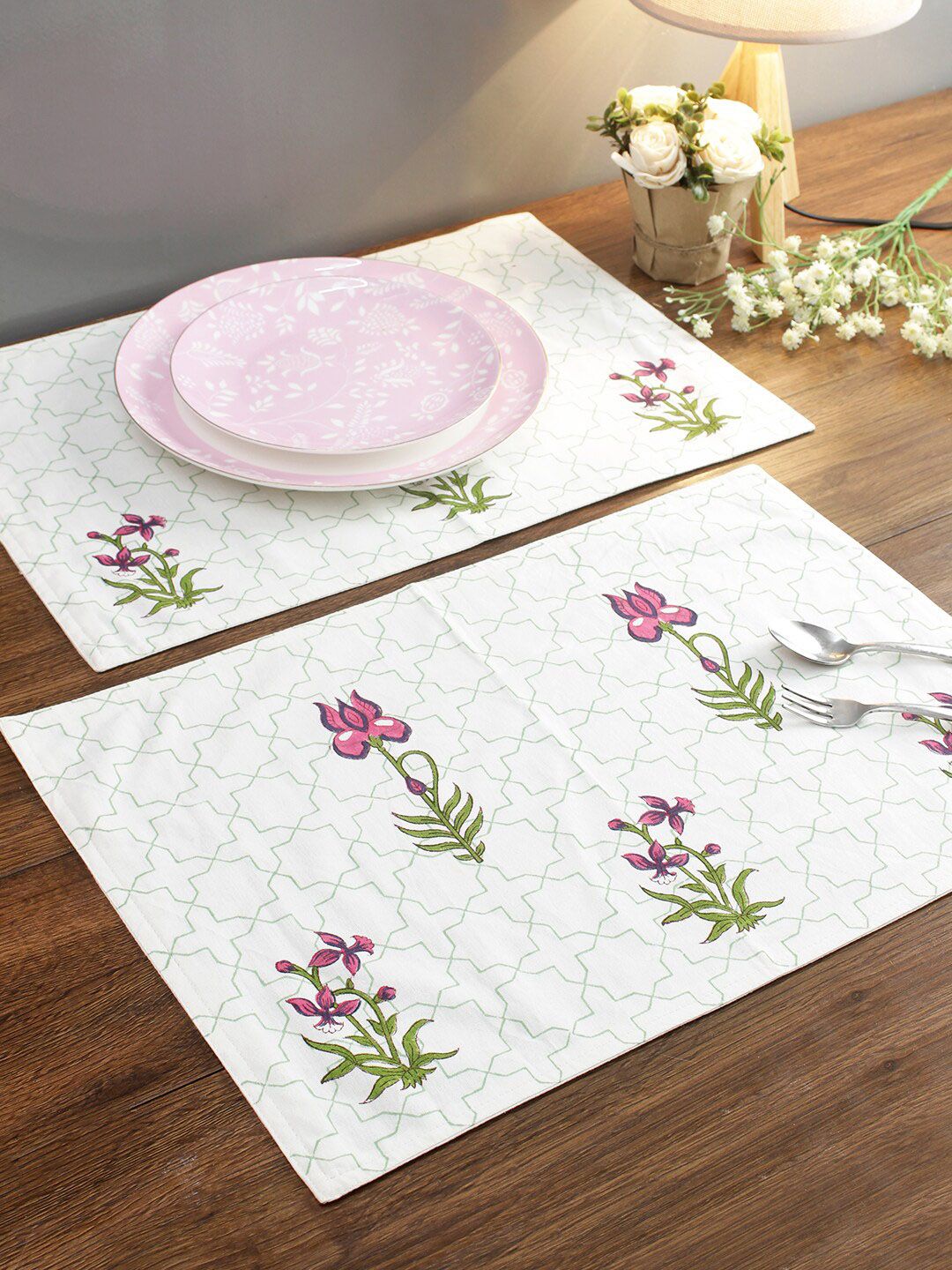 Rajasthan Decor Set Of 6 White & Pink Floral Printed Sustainable Table Placemats Price in India