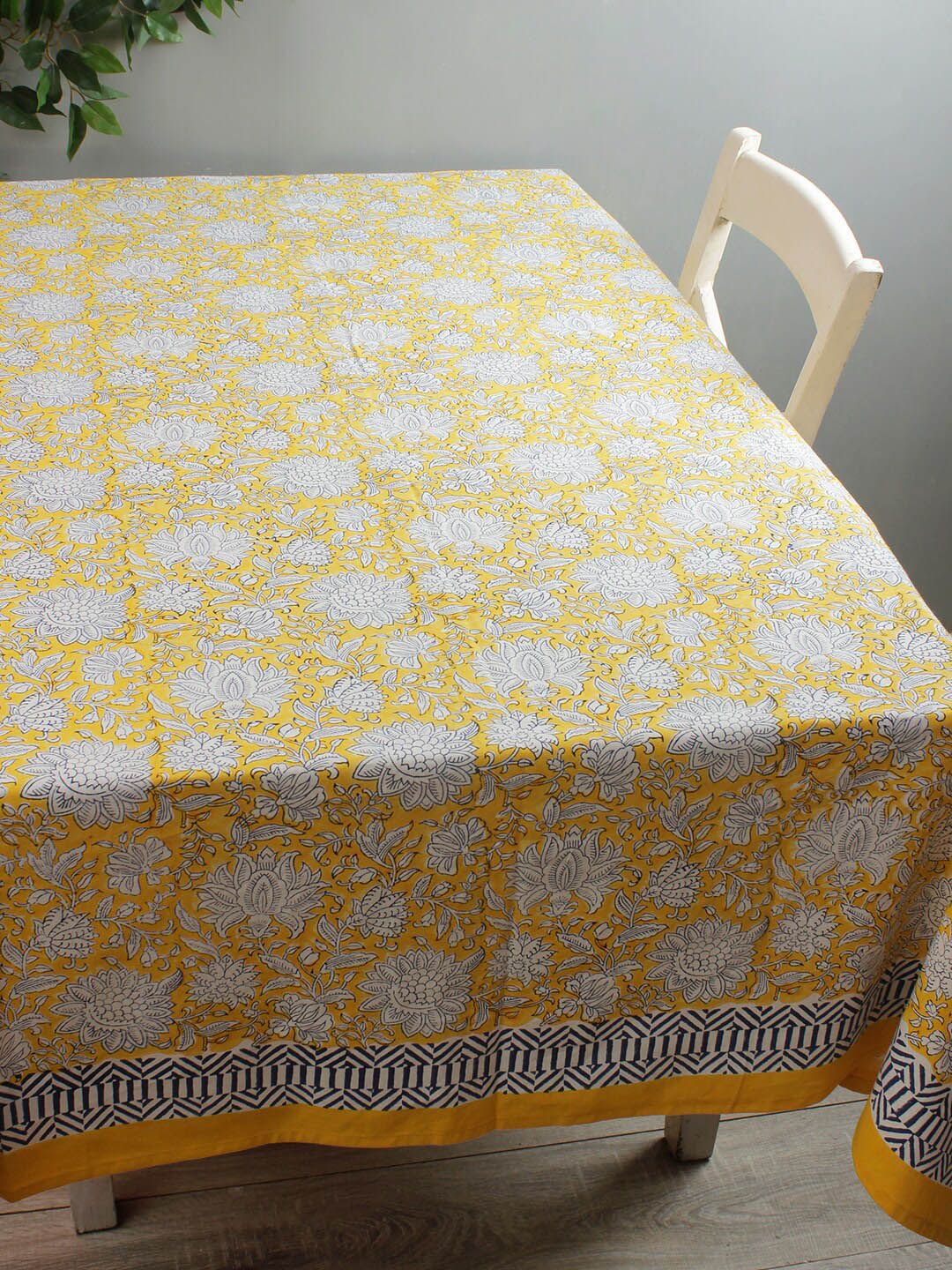 Rajasthan Decor Yellow & White Floral Printed 6 Seater Table Cover Price in India