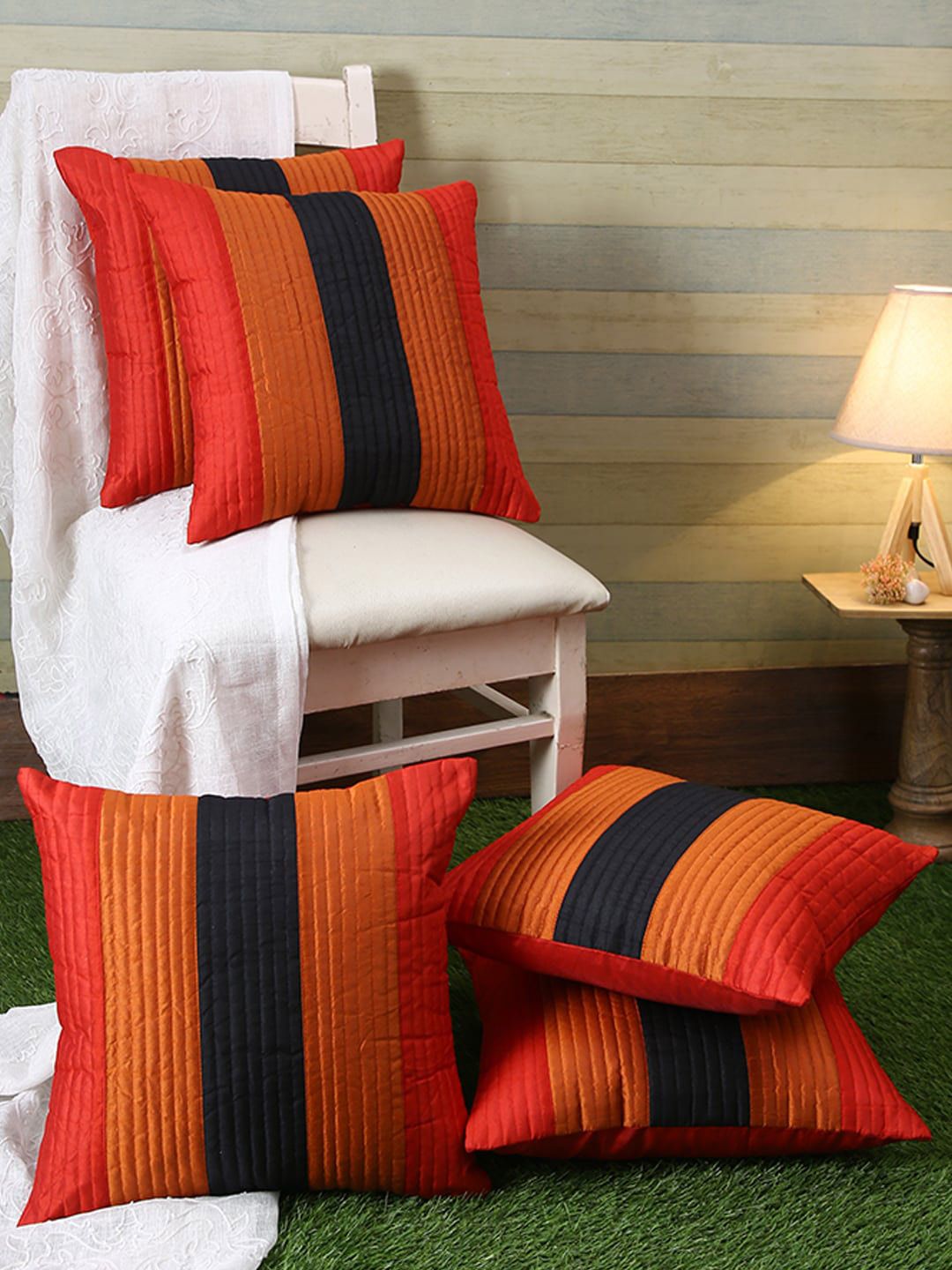 ROMEE Orange & Navy Blue Set of 5 Striped Square Cushion Covers Price in India