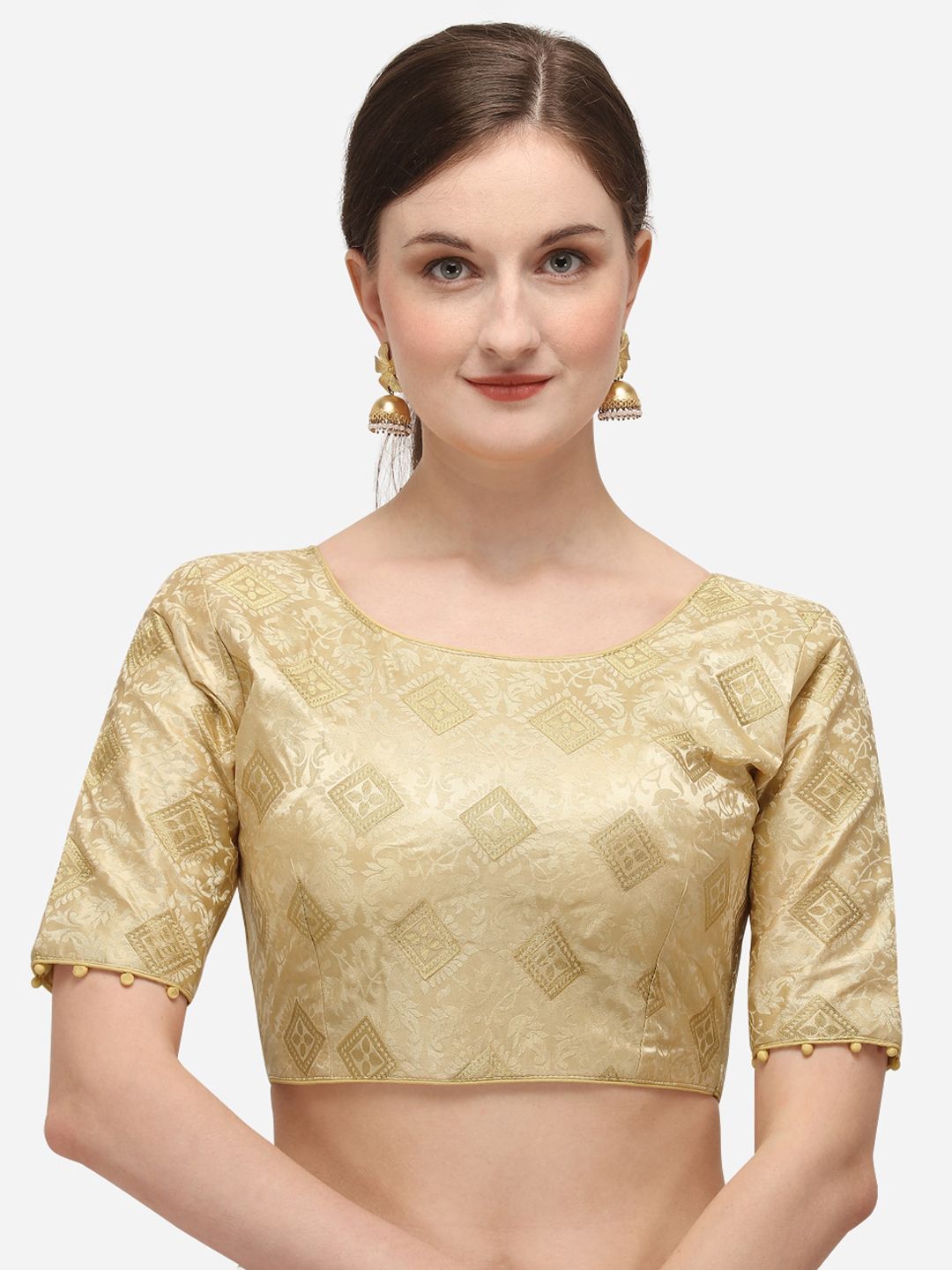 Fab Dadu Women Beige & Gold-Coloured Woven Design Jacquard Readymade Saree Blouse Price in India