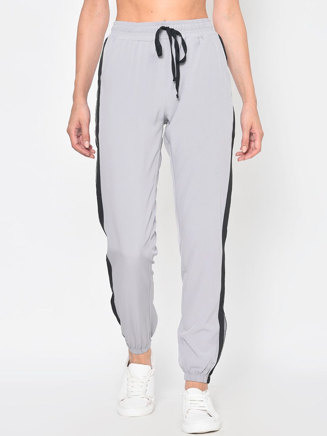 American-Elm Women Grey & Black Solid Slim-Fit Joggers Price in India