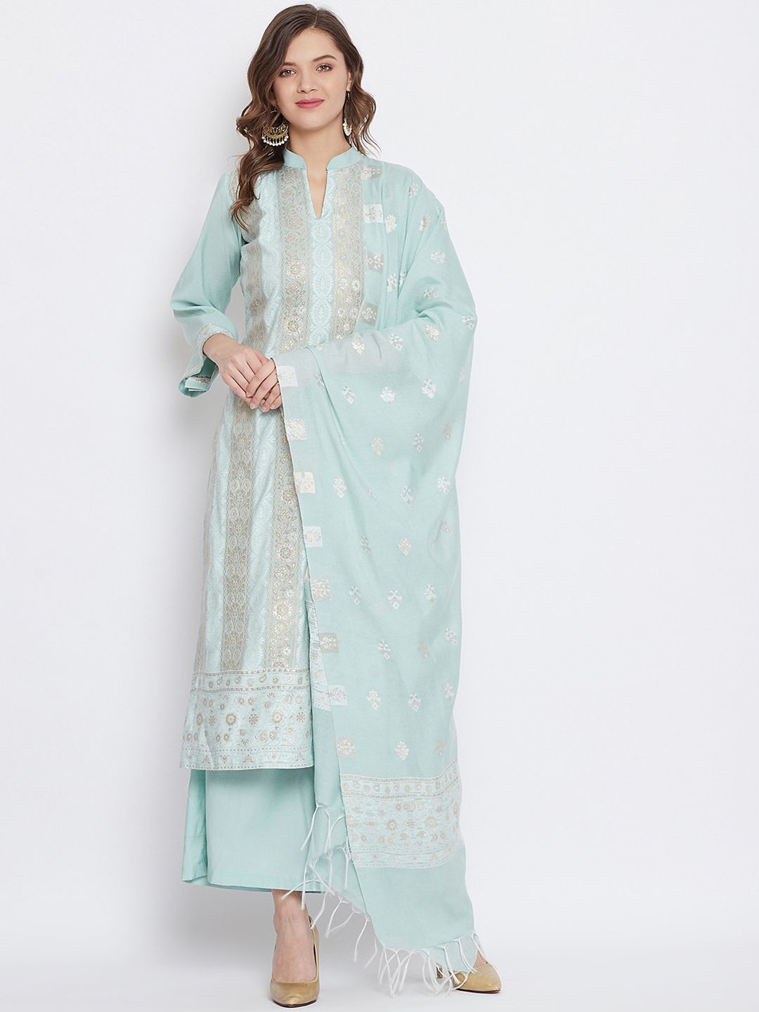 Safaa Sea Green & Silver-Toned Cotton Blend Woven Design Unstitched Dress Material For Summer Price in India