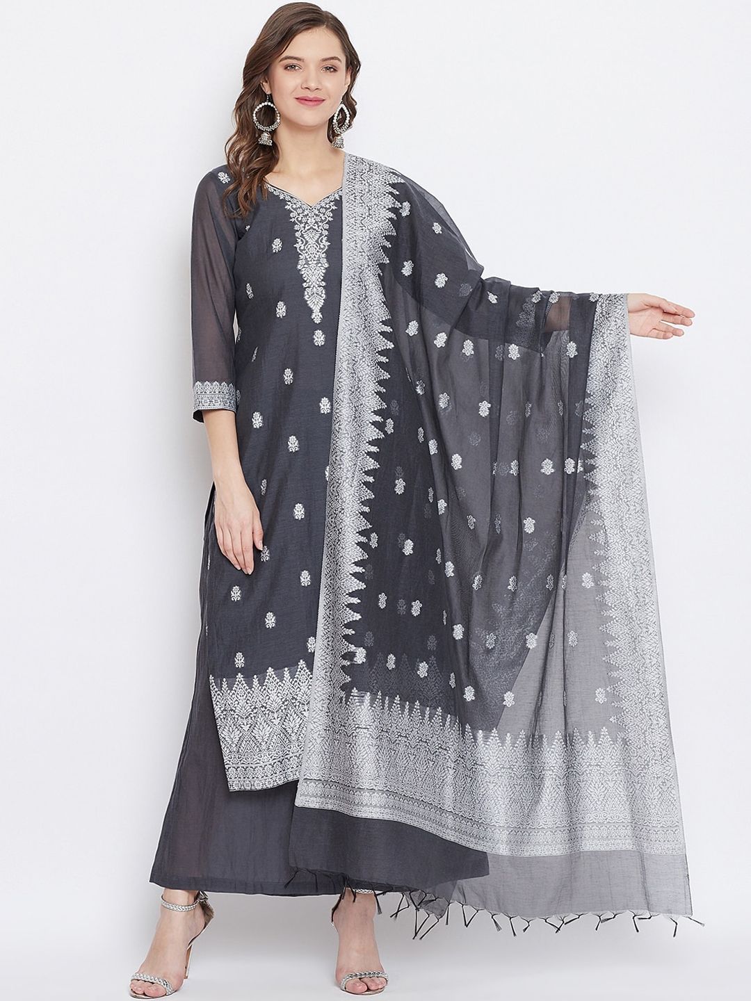 Safaa Grey & Silver-Toned Cotton Blend Woven Design Unstitched Dress Material For Summer Price in India