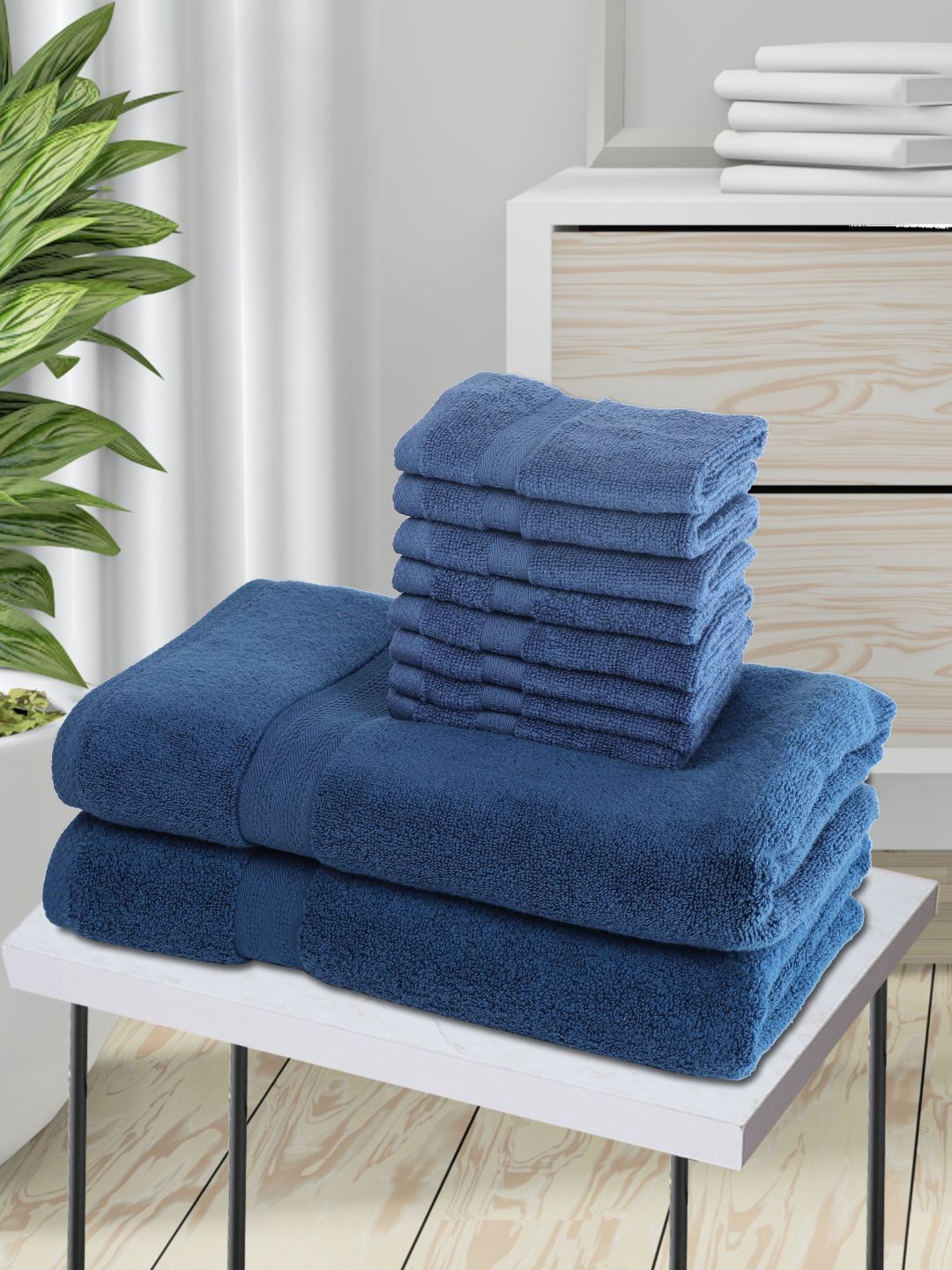 BIANCA Unisex Set of 10 Blue Solid 500 GSM Towels Price in India