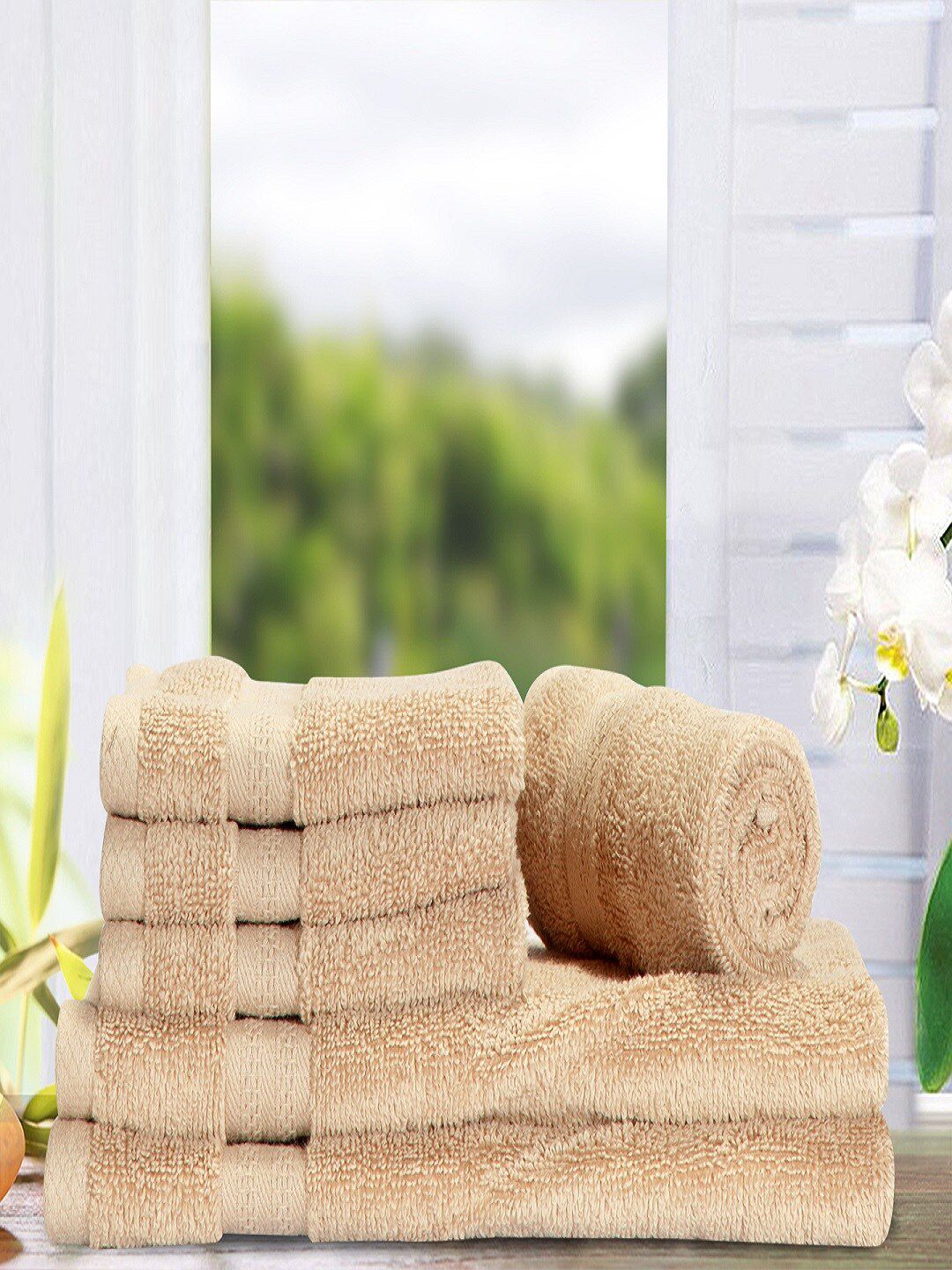 BIANCA Set Of 6 Beige Solid Zero-Twist Cotton 500 GSM Towel Set Price in India