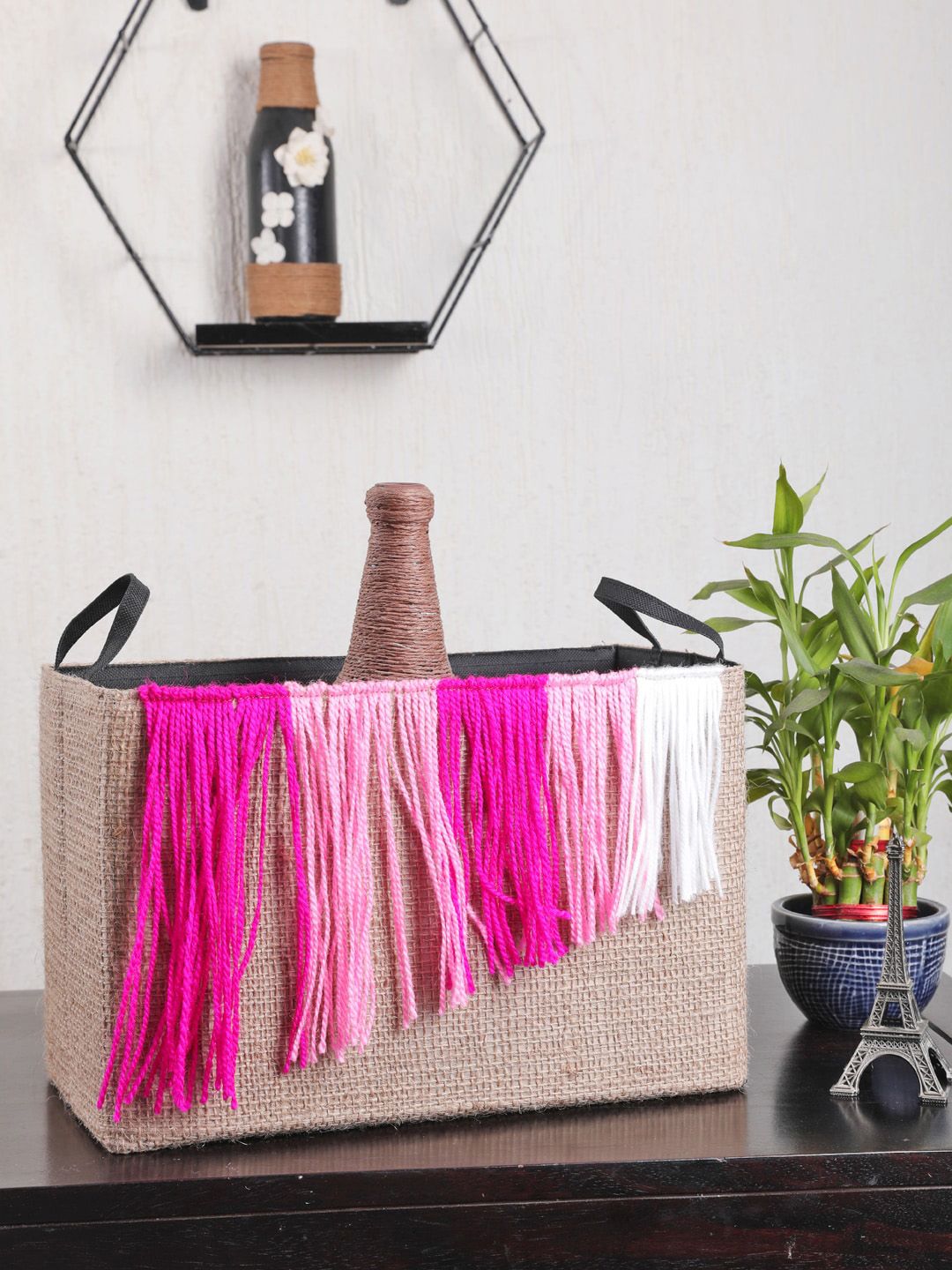 My Gift Booth Set Of 6 Beige & Pink Fringed Jute Basket Organisers Price in India