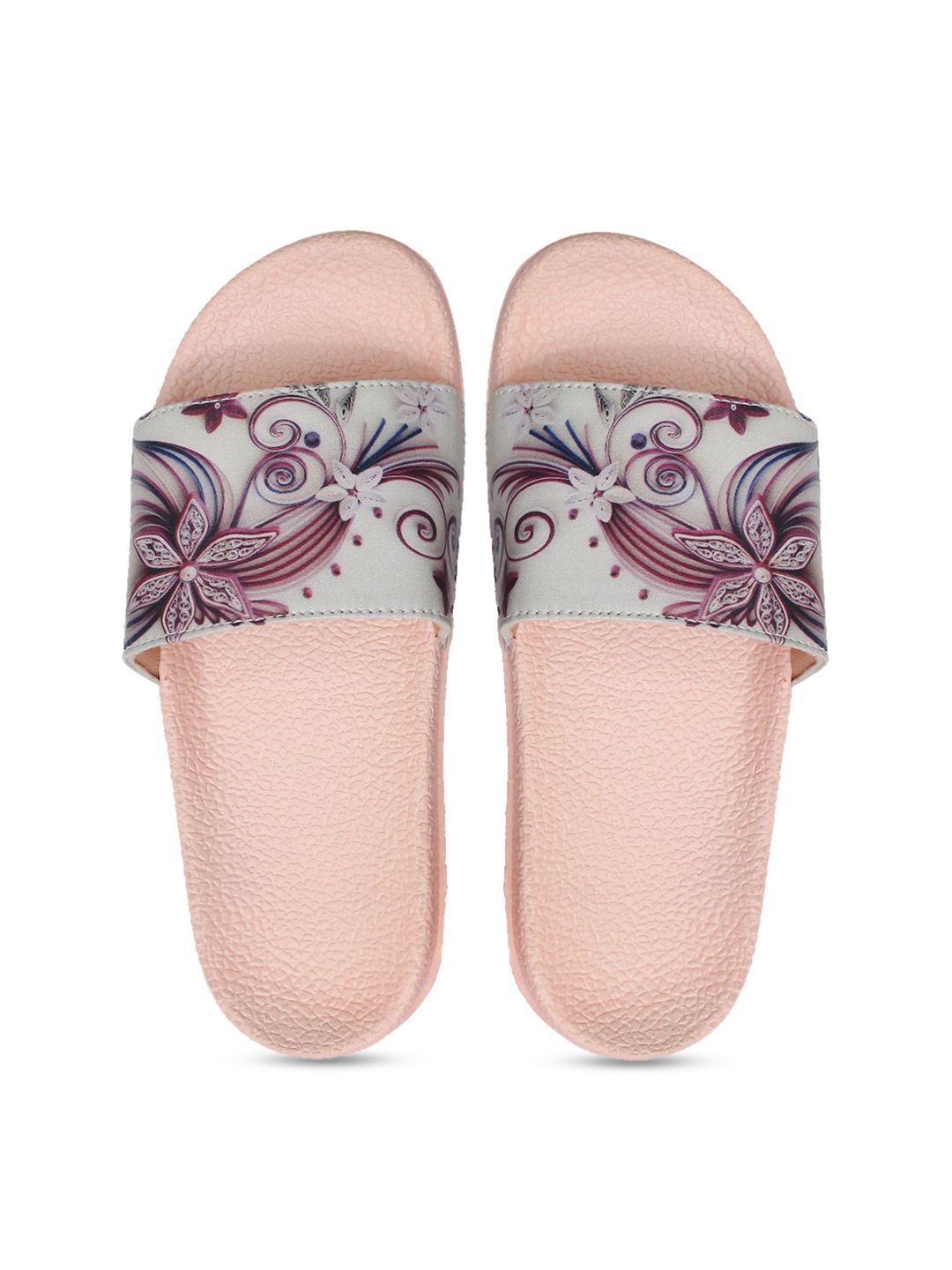 FREECO Women Grey & Purple Printed Sliders Price in India