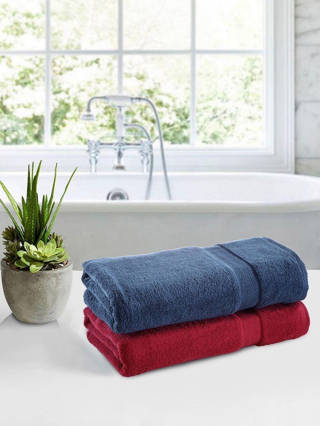 BIANCA Pack of 2 Blue & Red 100% Cotton Ultra-Fluffy Bath Towel Price in India