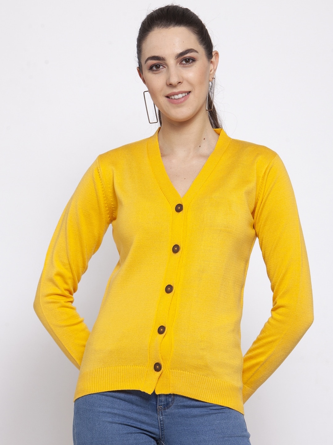 Kalt Women Yellow Solid Cardigan Sweater Price in India