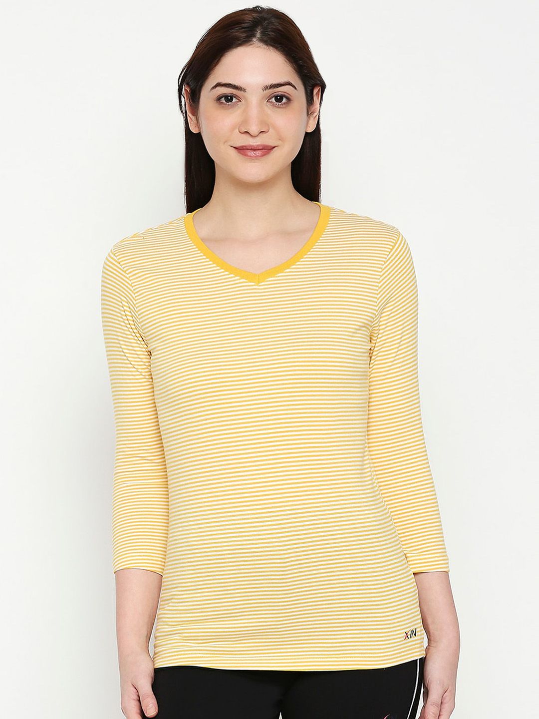 XIN Women Yellow Striped V-Neck Lounge T-shirt Price in India