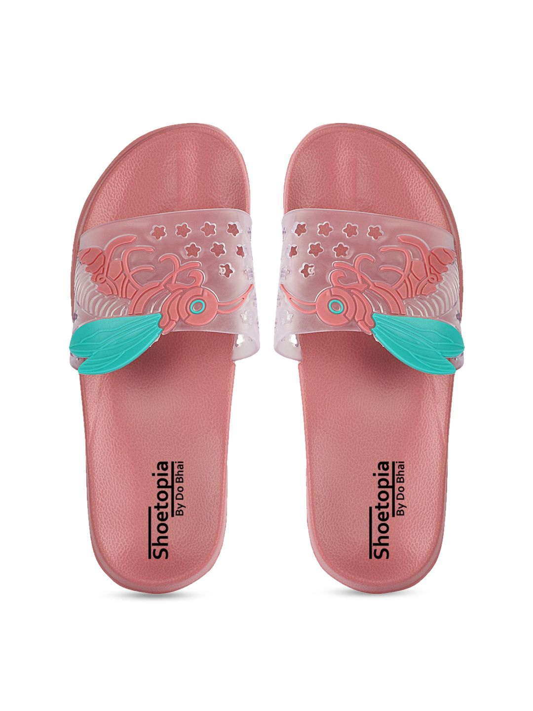 Shoetopia Women Peach-Coloured & Turquoise Blue Self Design Sliders Price in India