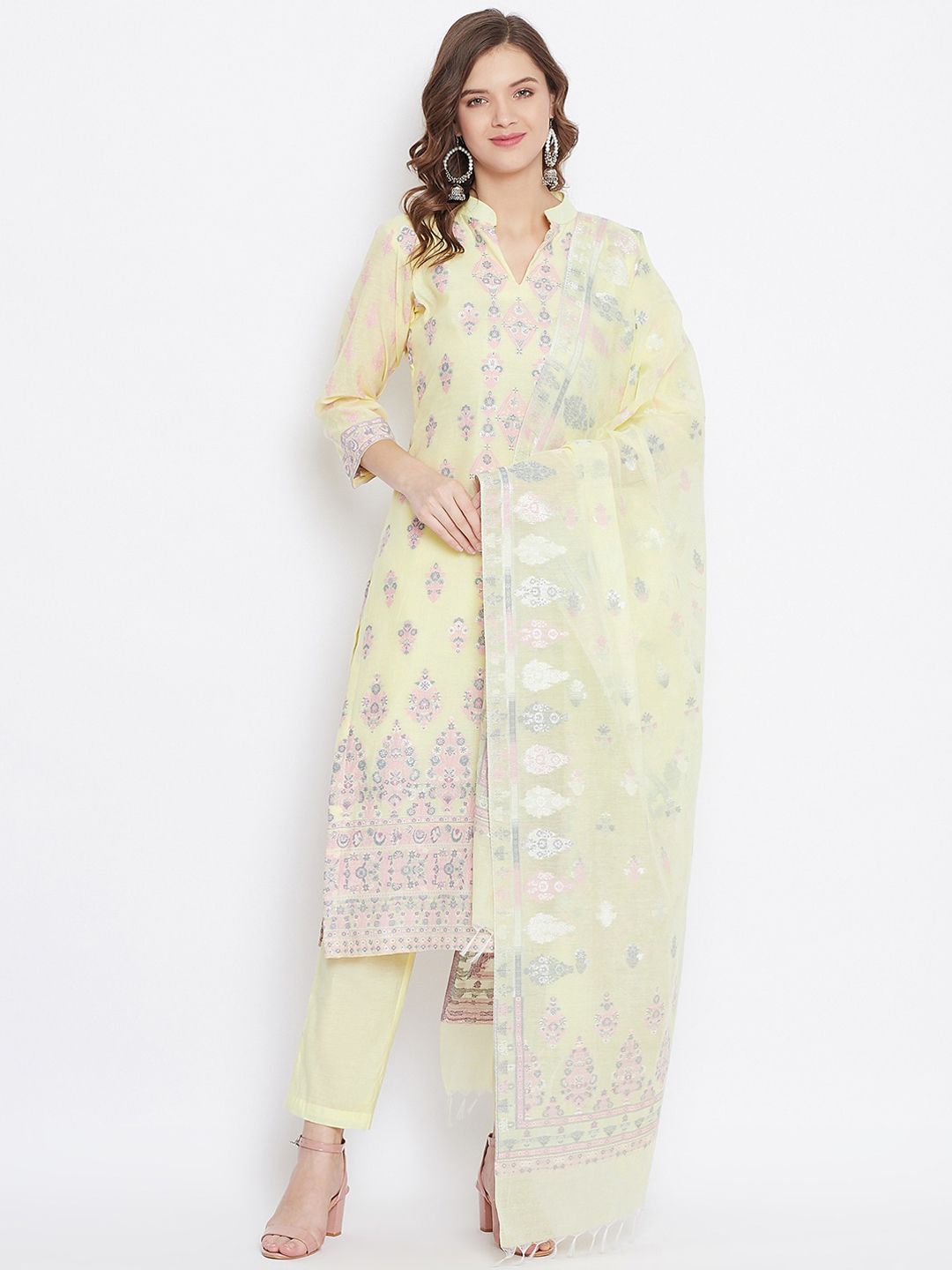 Safaa Yellow & Pink Cotton Blend Woven Design Unstitched Dress Material For Summer Price in India