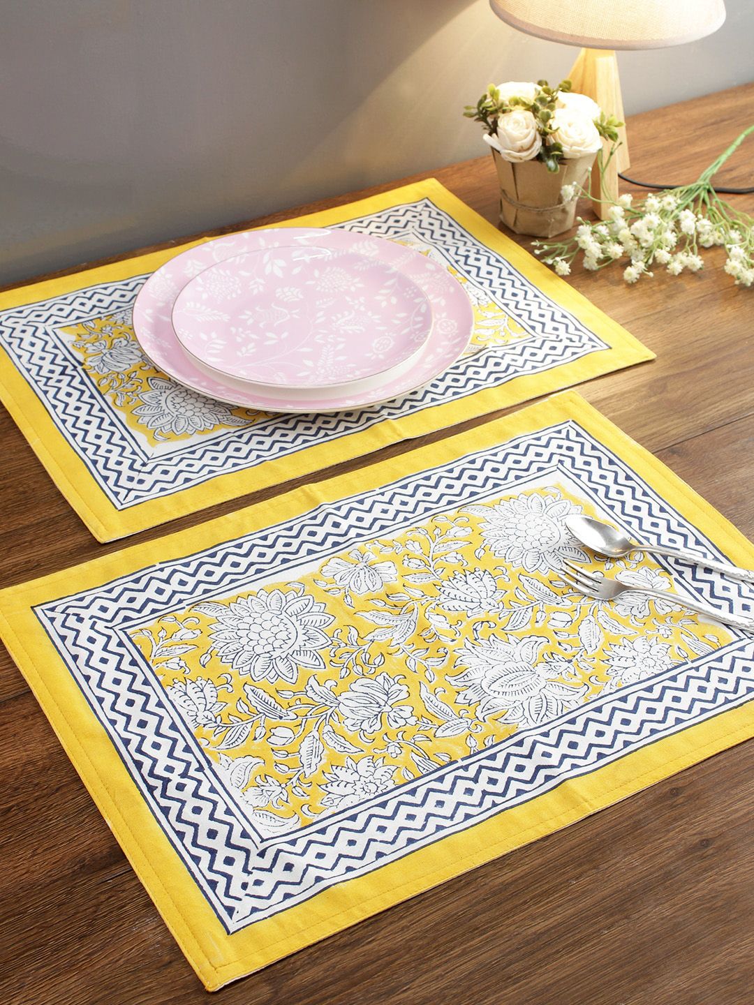 Rajasthan Decor Set Of 6 Yellow & White Printed Table Placemats Price in India