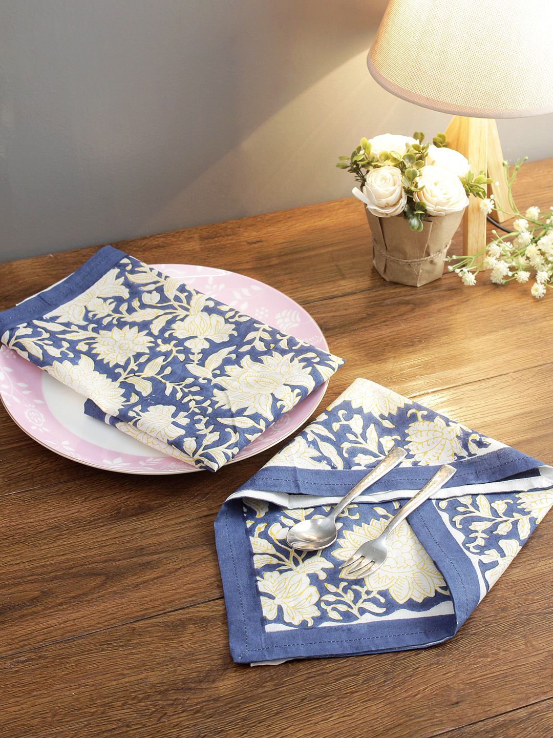 Rajasthan Decor Set Of 6 Navy Blue & White Floral Printed  Table Napkins Price in India