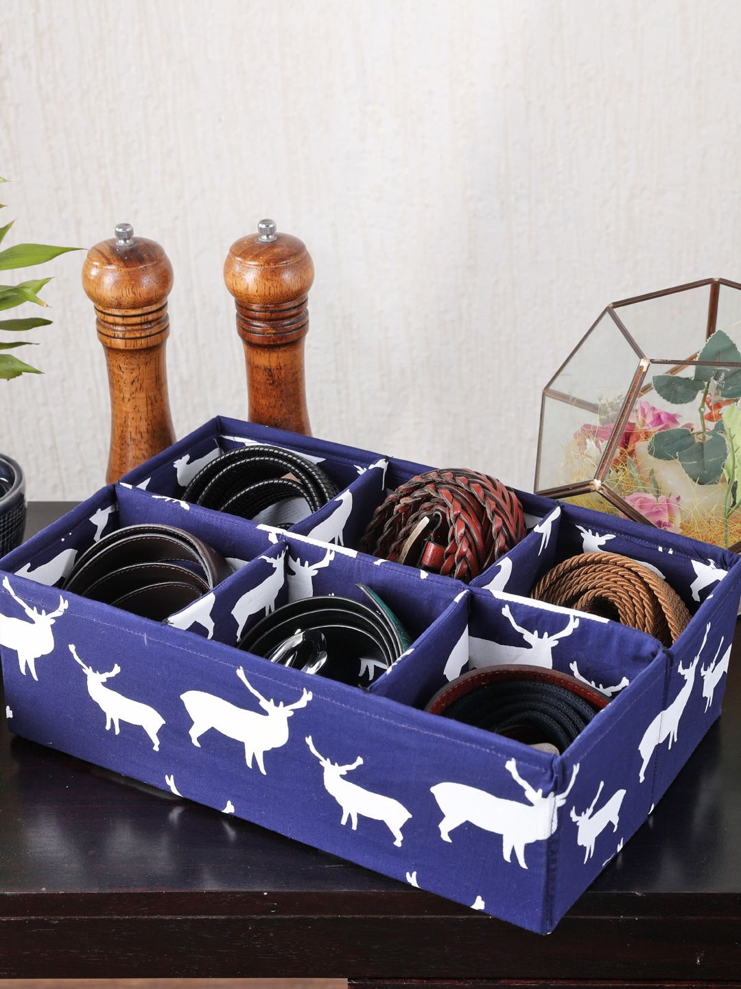 My Gift Booth Set Of 2 Navy Blue & White Deer Printed Watch & Belt Organiser Price in India