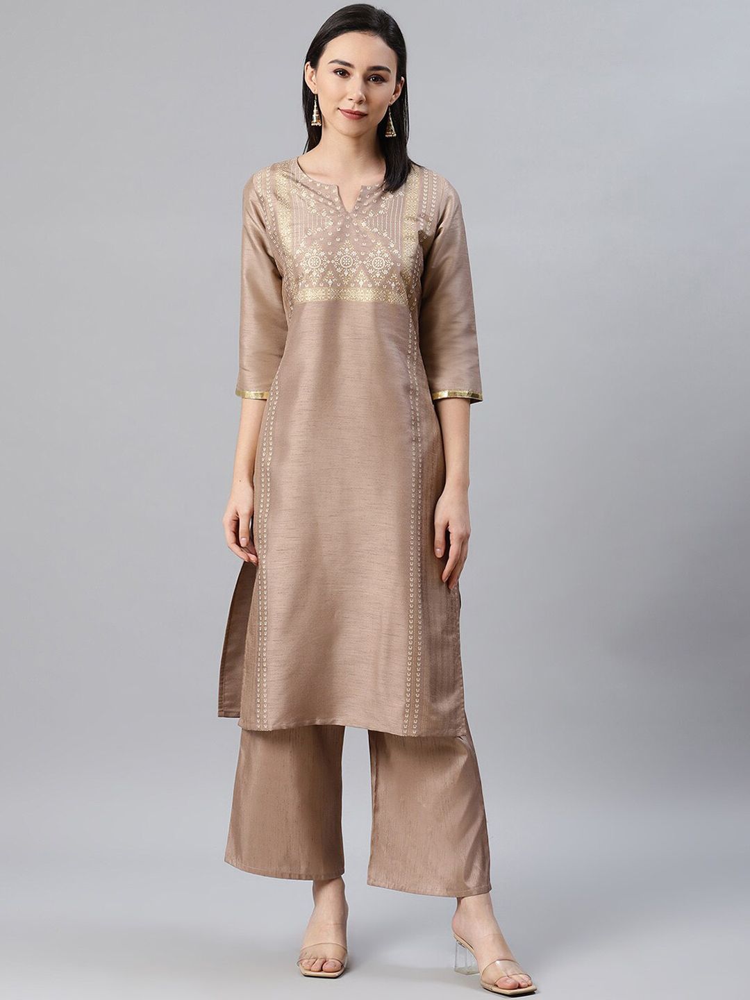 ZIYAA Women Brown Yoke Design Kurta with Trousers Price in India