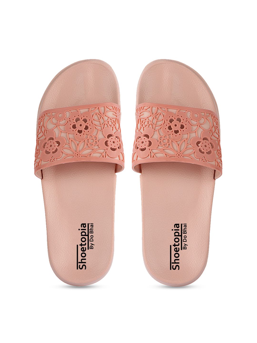 Shoetopia Women Peach-Coloured Self Design Sliders Price in India