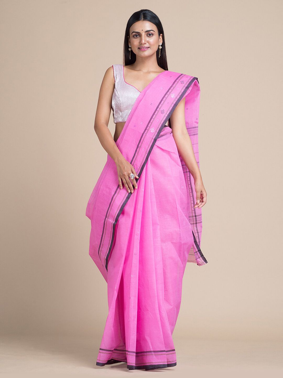 Mitera Pink & White Pure Cotton Woven Design Taant Saree