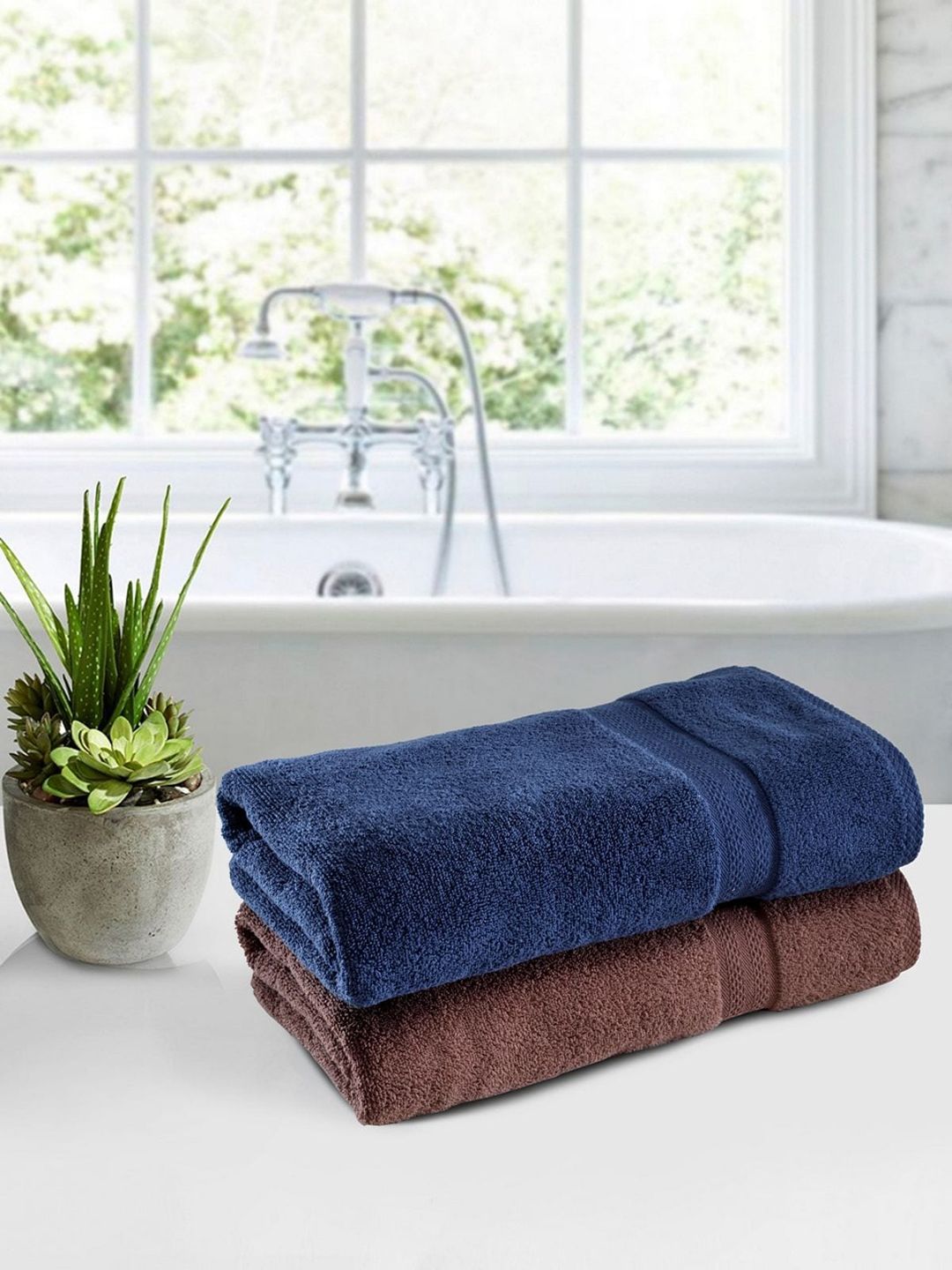 BIANCA Pack of 2 Blue & Brown 100% Cotton Ultra-Fluffy Bath Towel Price in India