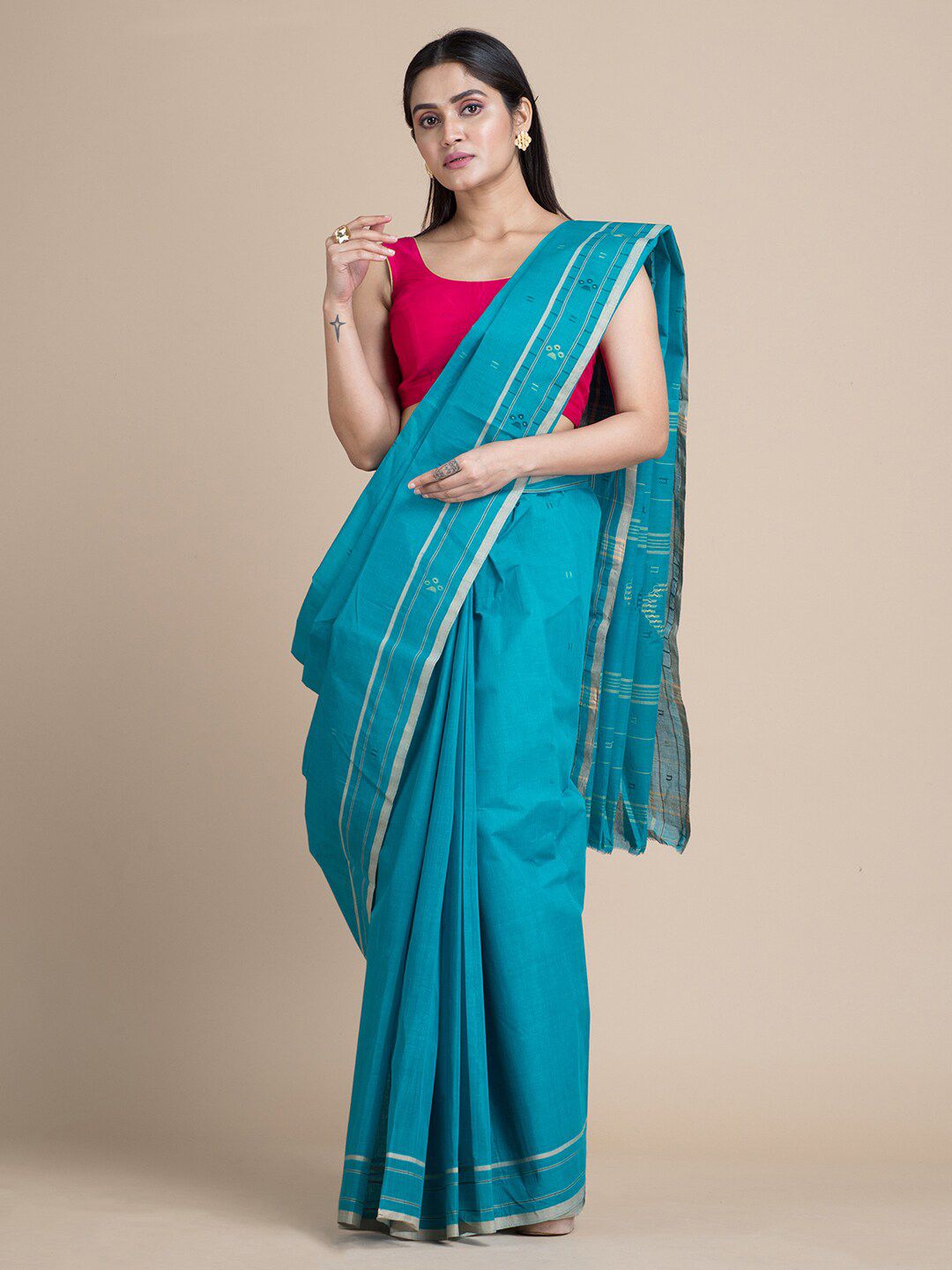 Mitera Teal Pure Cotton Solid Taant Saree Price in India