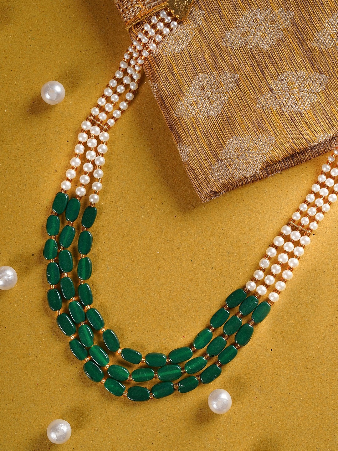 Shoshaa Green & White Brass Gold-Plated Layered Necklace Price in India
