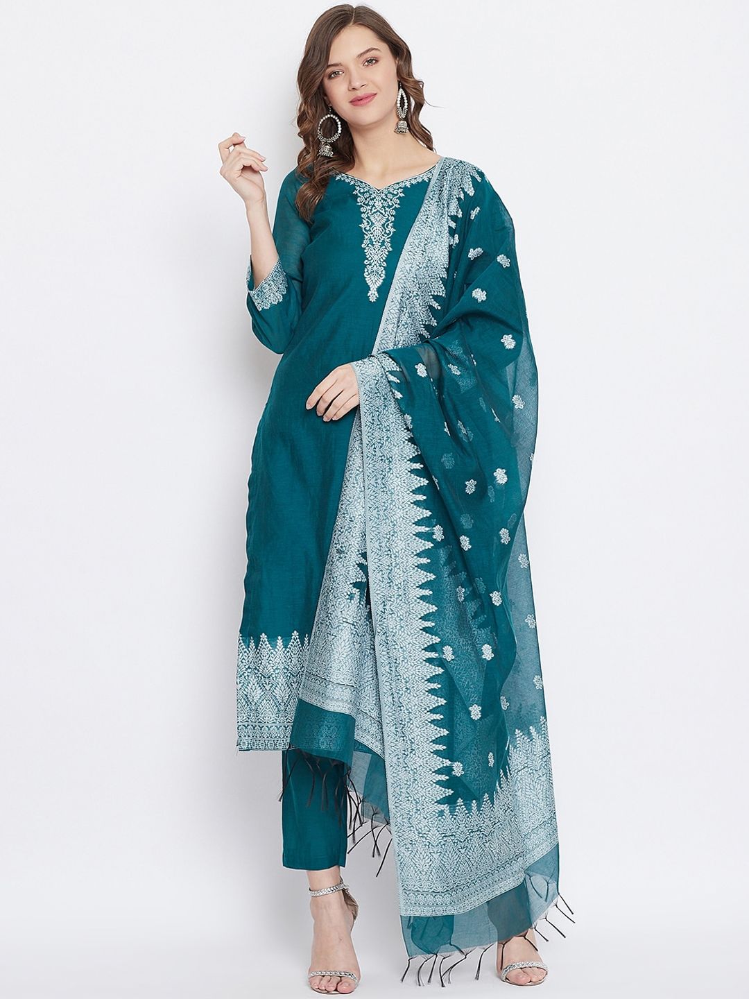 Safaa Teal Green & White Cotton Blend Woven Design Unstitched Dress Material For Summer Price in India