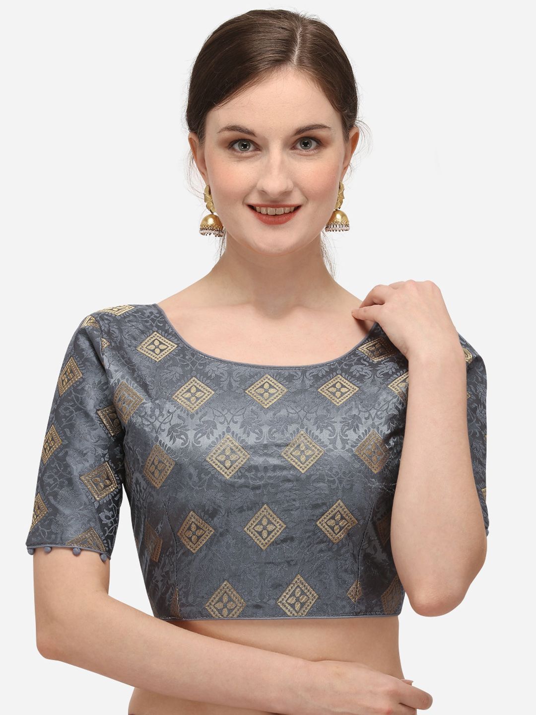 Fab Dadu Women Grey & Gold-Toned Woven-Design Jacquard Readymade Saree Blouse Price in India