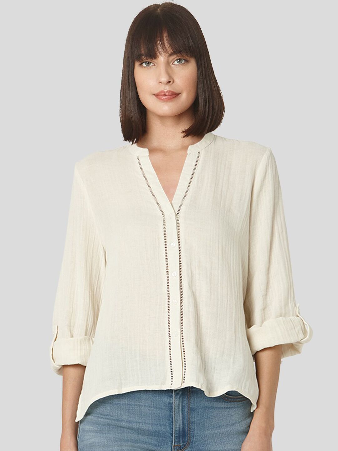 Vero Moda Women Beige Regular Fit Solid Organic Cotton Casual Shirt