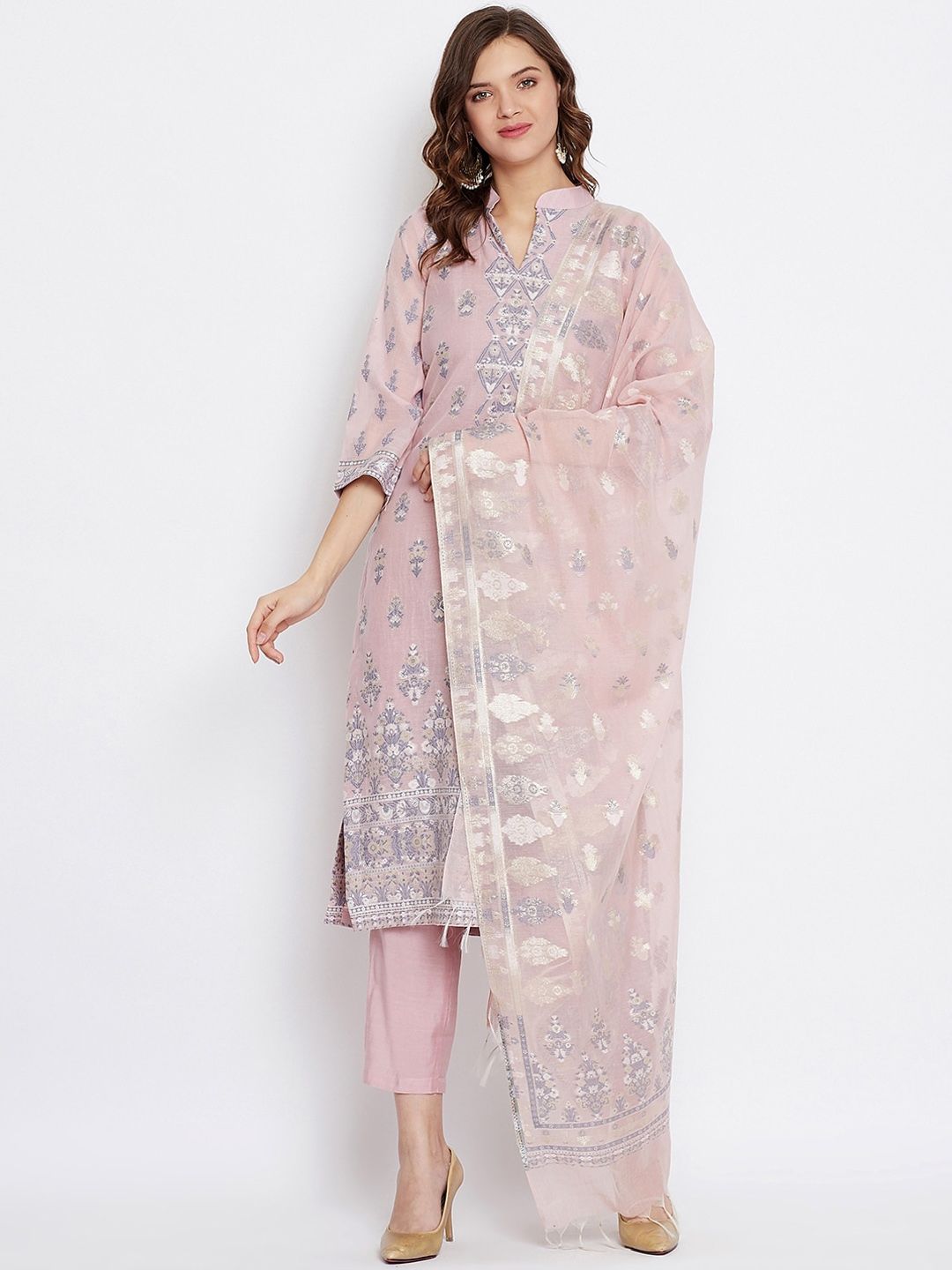 Safaa Pink & Blue Cotton Blend Woven Design Unstitched Dress Material For Summer Price in India